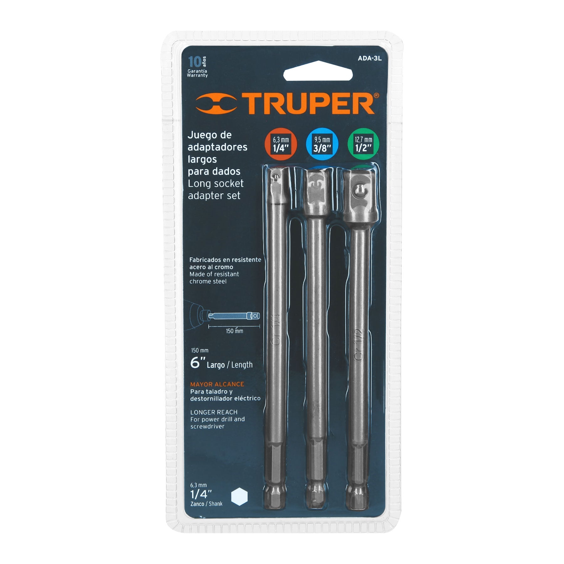 Juego de 3 adaptadores largos para dados de 1/4, 3/8 y 1/2"