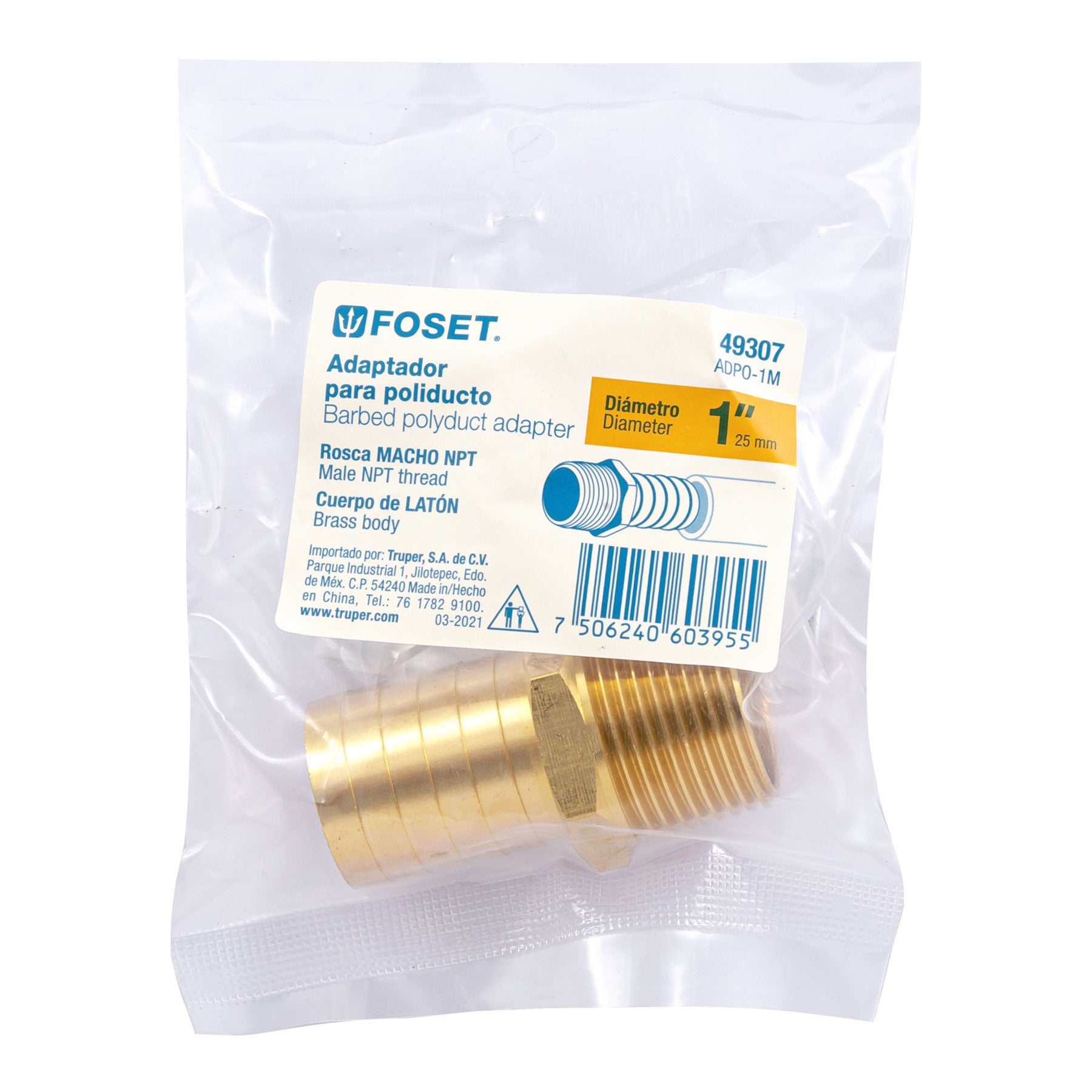 Adaptador macho de latón 1" para poliducto, Foset
