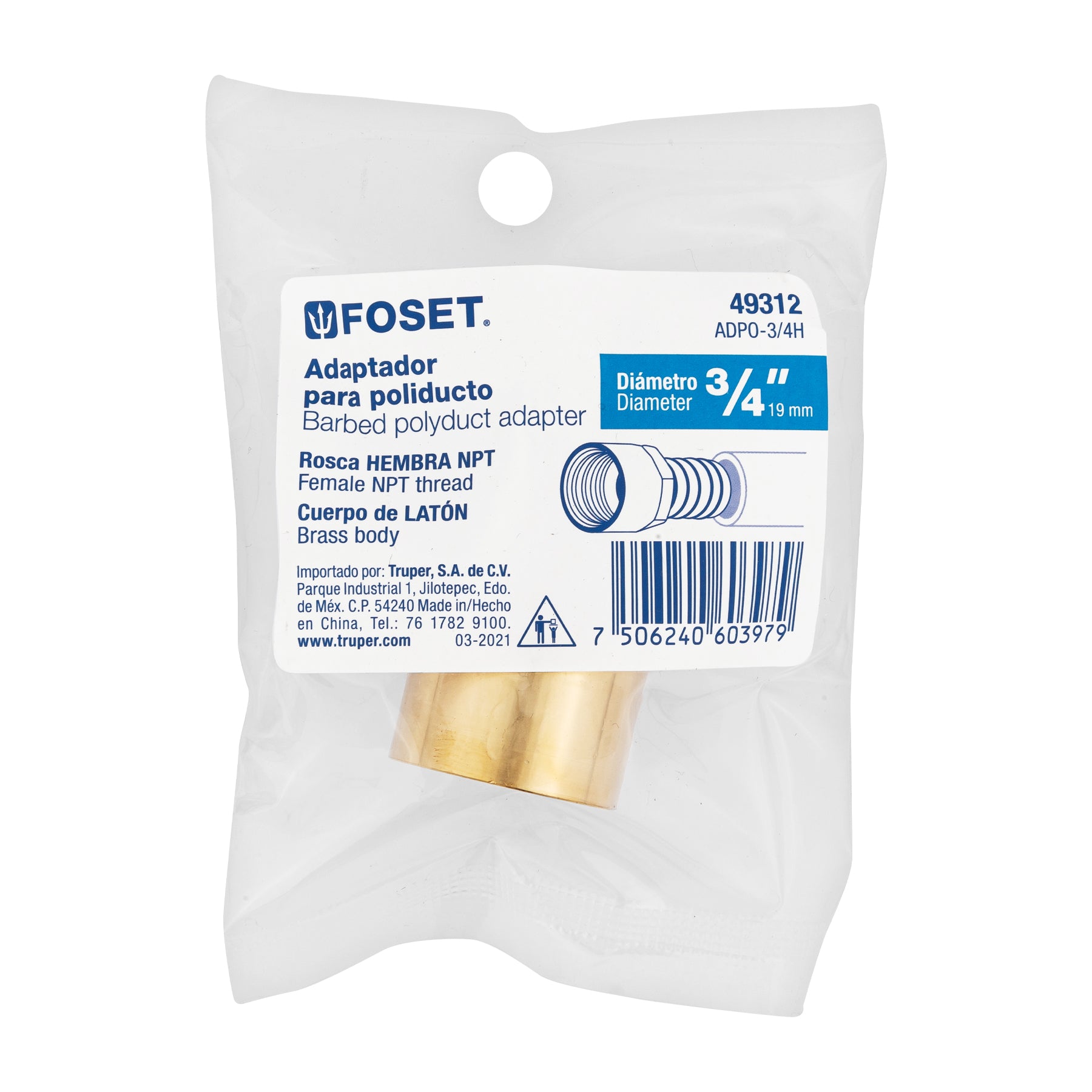 Adaptador hembra de latón 3/4" para poliducto, Foset