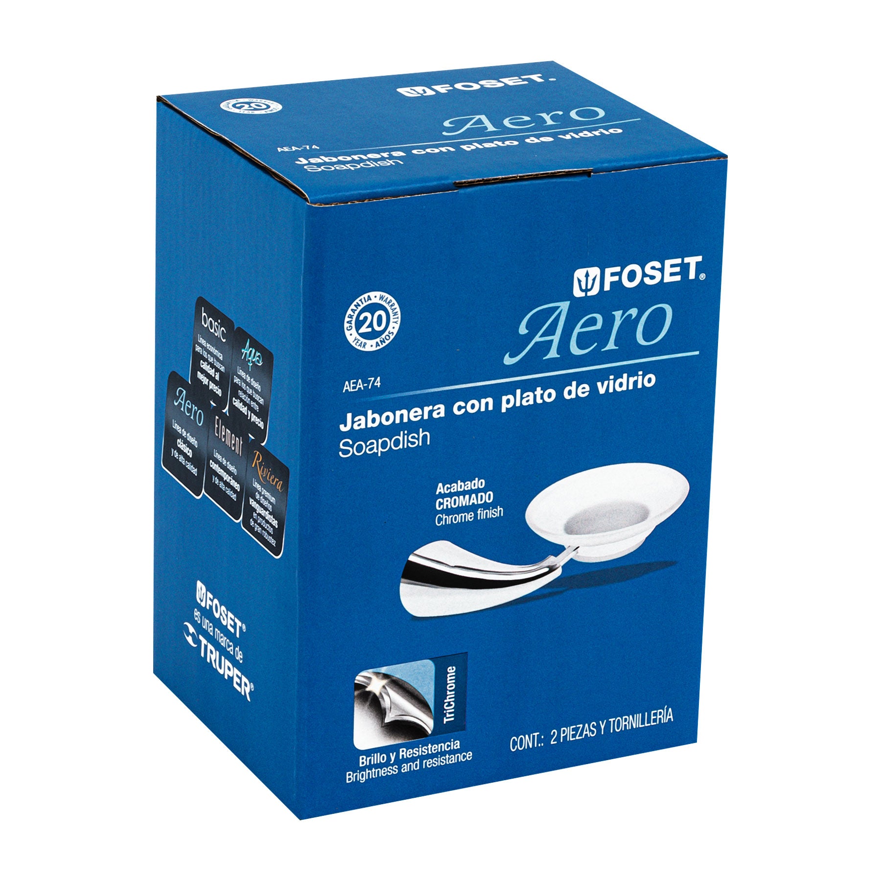 Jabonera metálica con plato de vidrio, Foset Aero