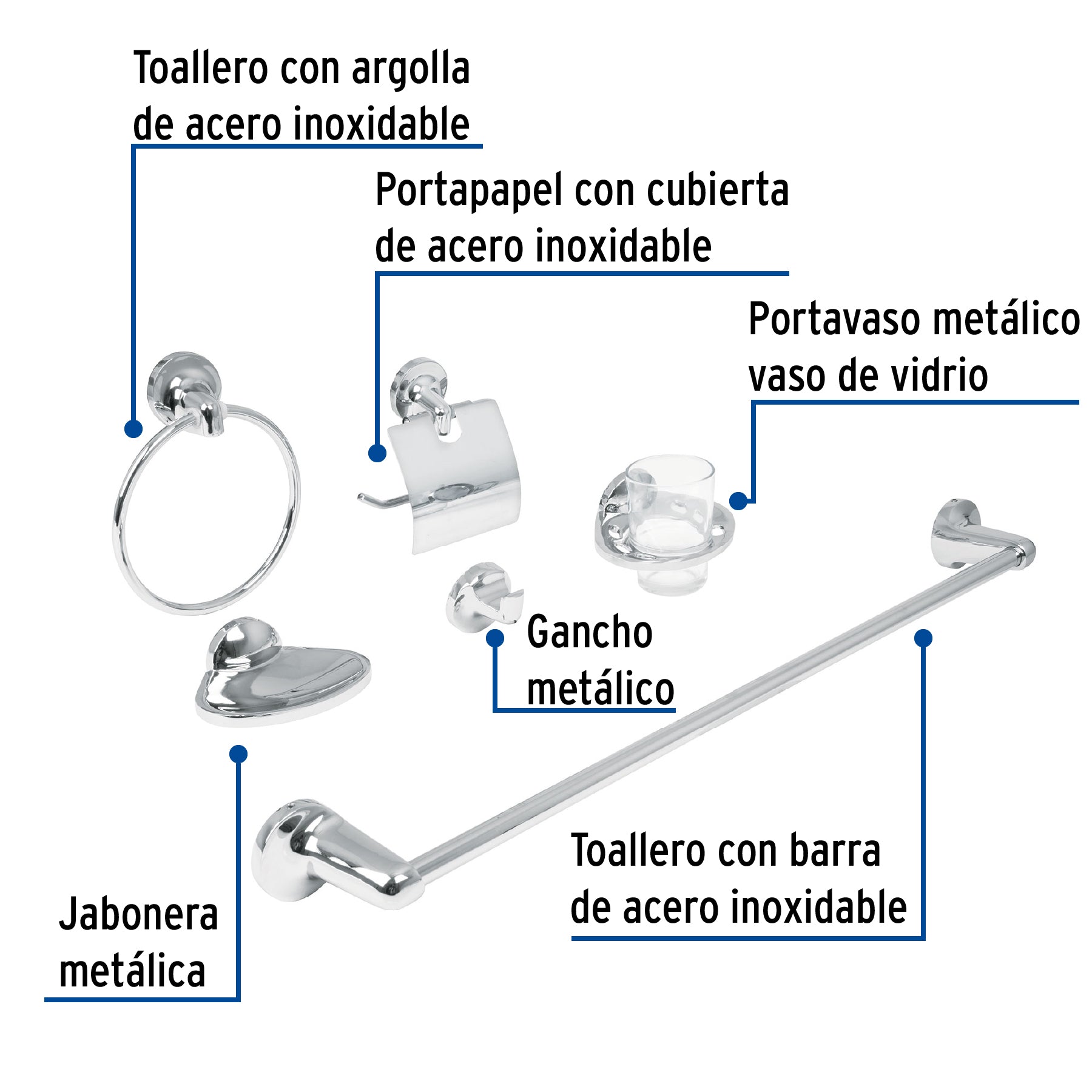 Juego de 6 accesorios para baño metálicos, Foset Aqua