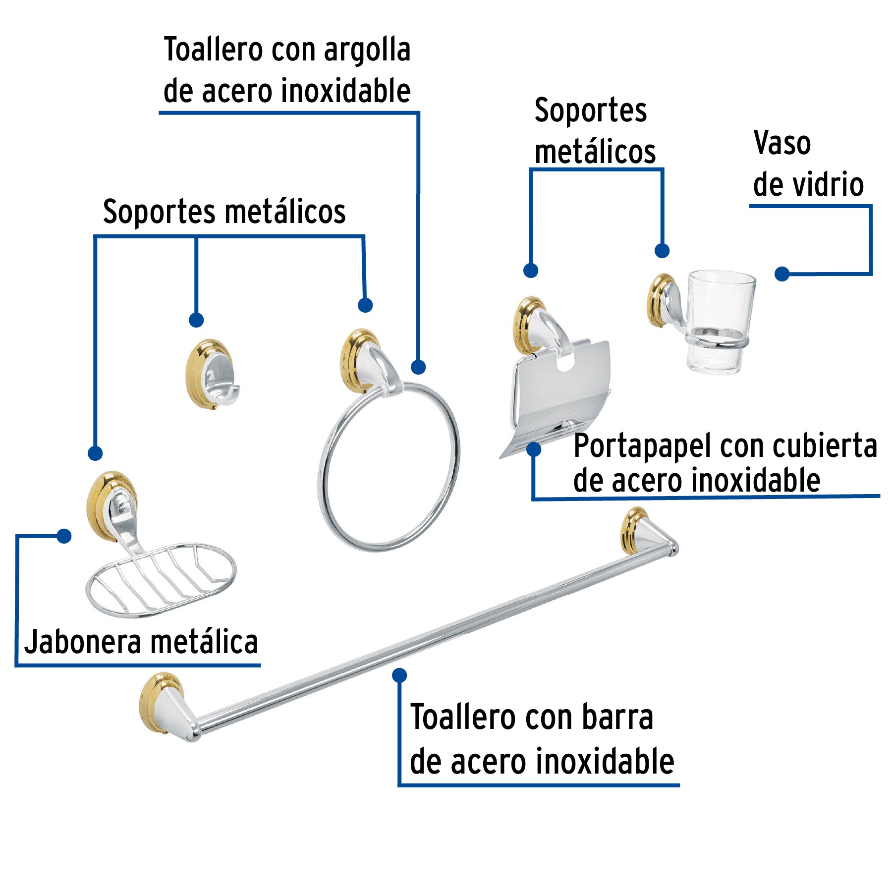 Juego de 6 acc. para baño cromo-oro chapetón ovalado, Aqua
