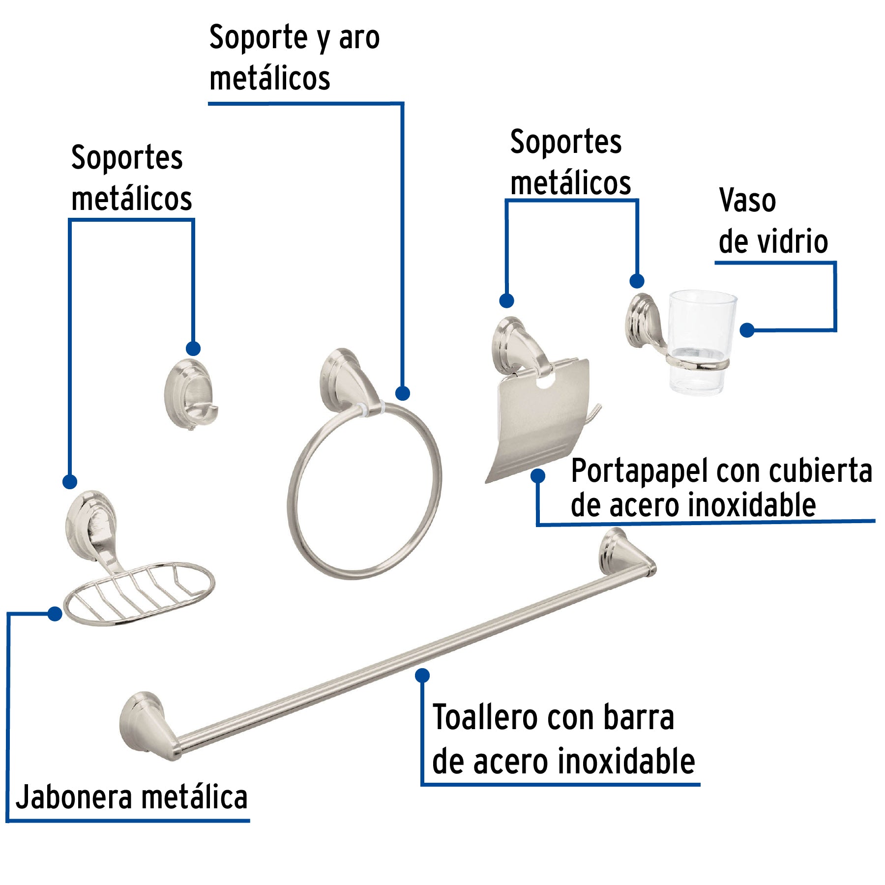 Juego de 6 accesorios para baño satín chapetón ovalado, Aqua