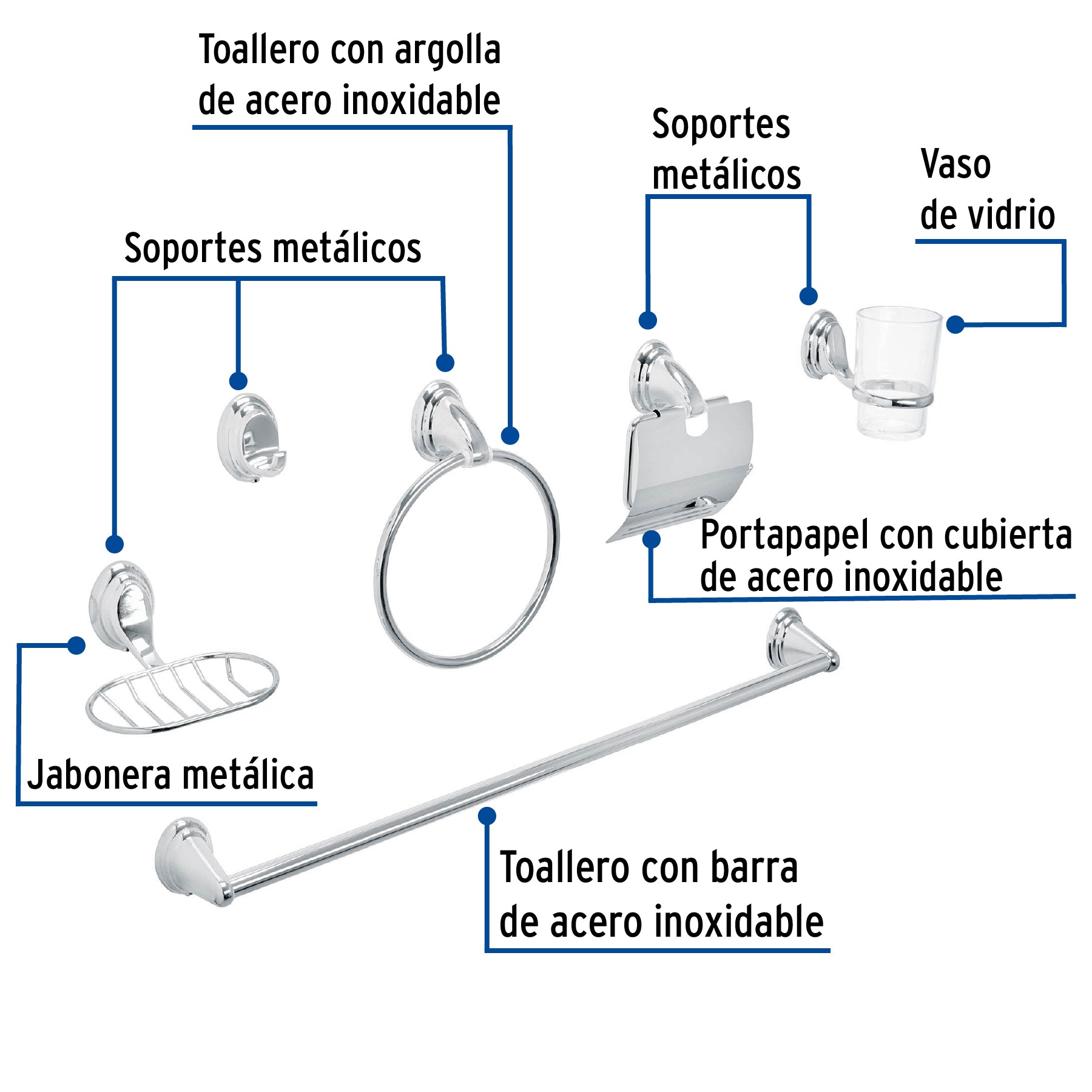 Juego de 6 accesorios para baño cromo chapetón ovalado, Aqua