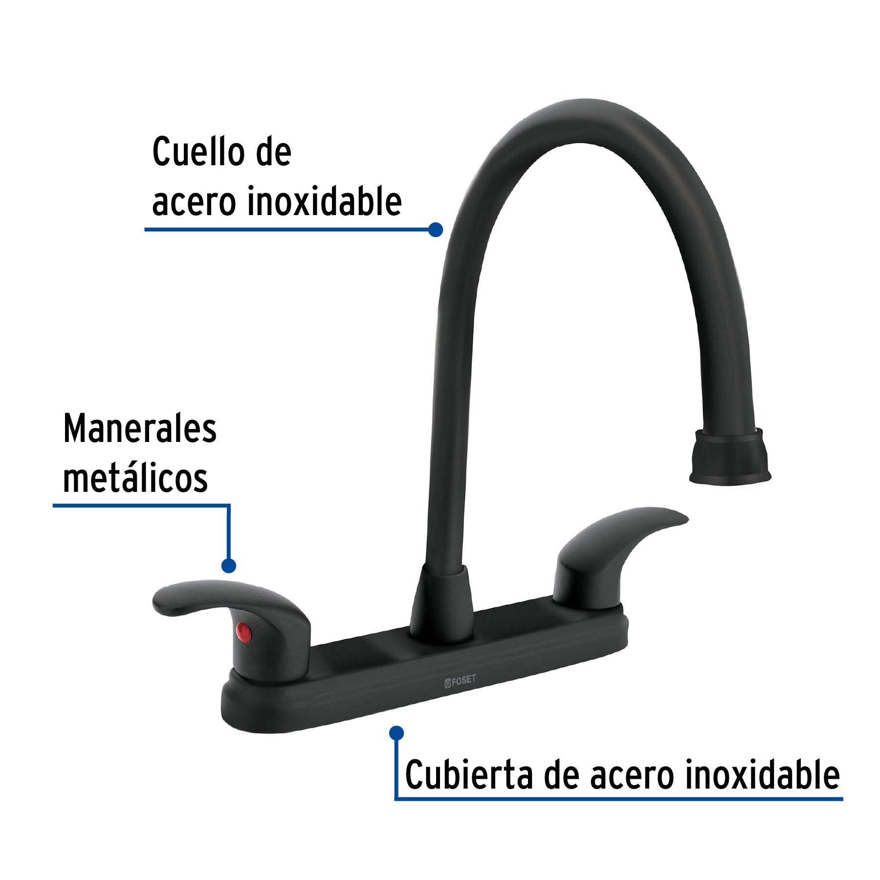 Mezcladora fregadero 8" negro, cuello largo, palanca, AQUA