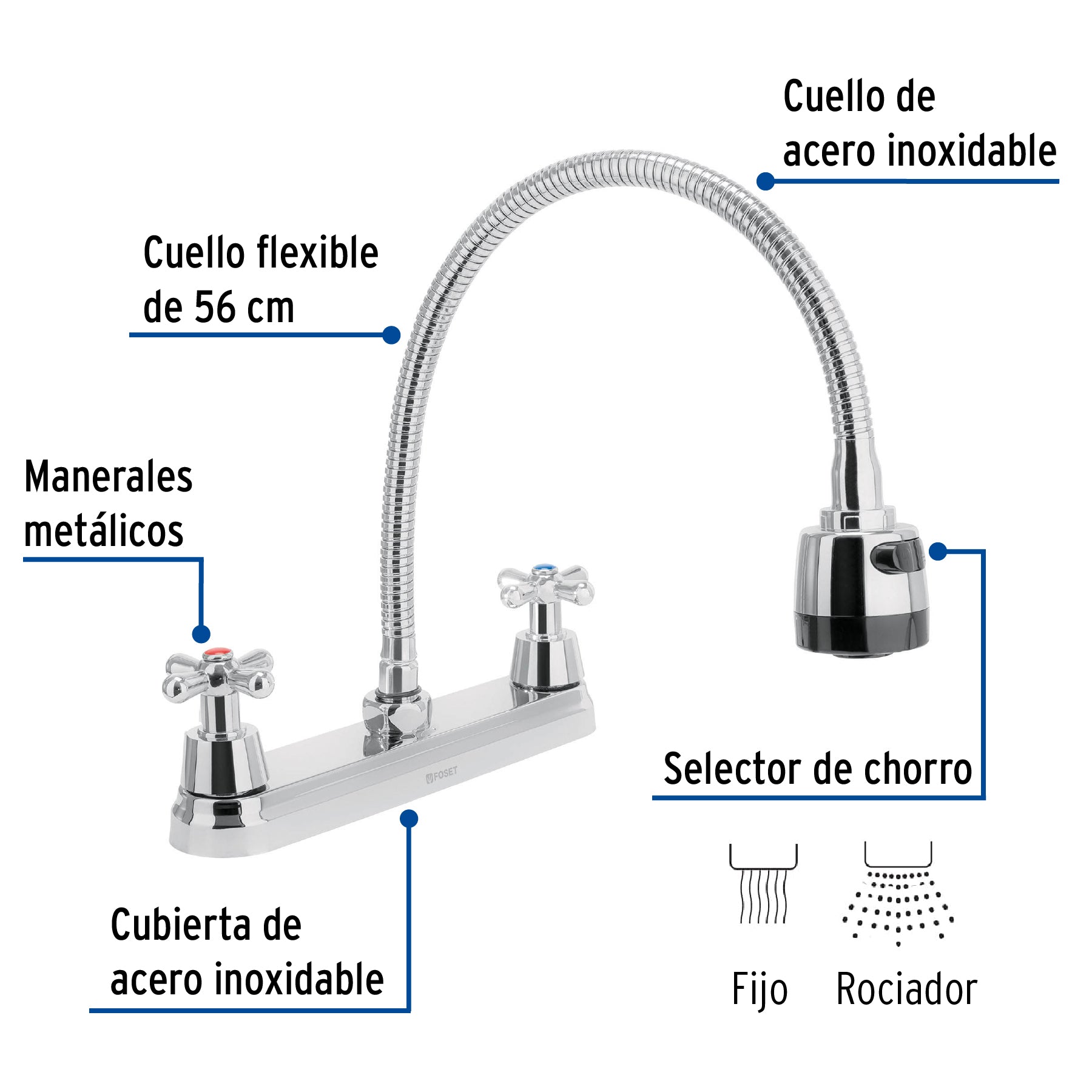 Mezcladora fregadero 8" cromo, cuello flexible, cruceta,AQUA