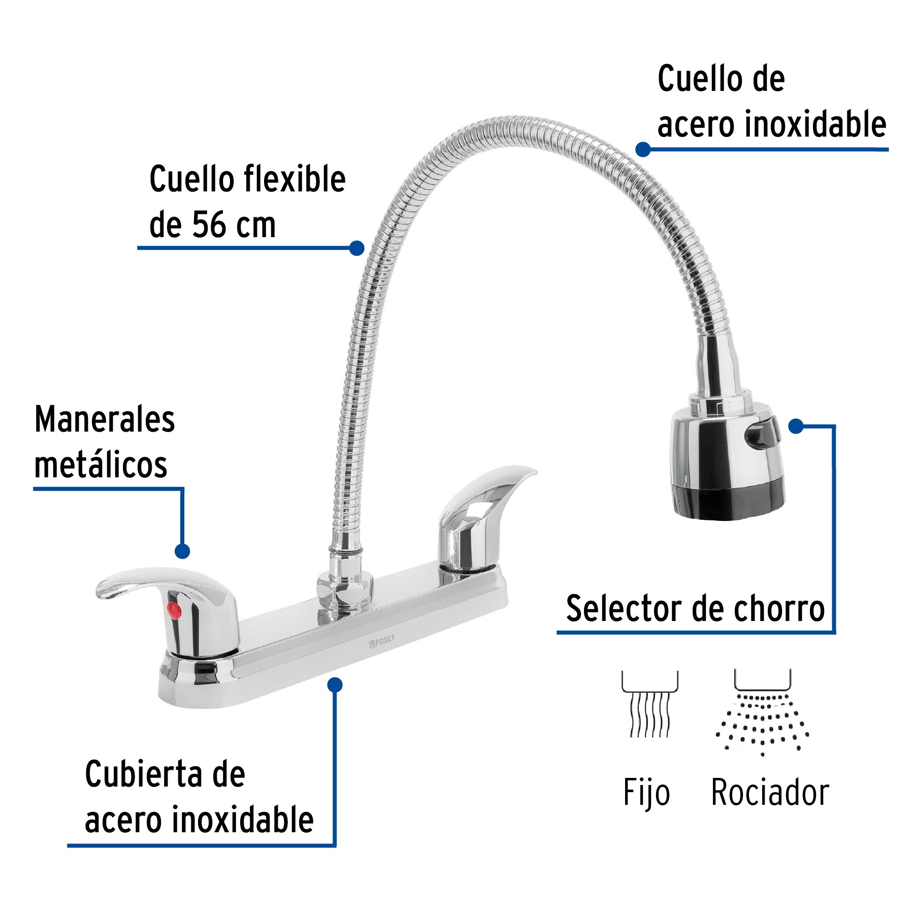 Mezcladora fregadero 8" cromo, cuello flexible, palanca,AQUA