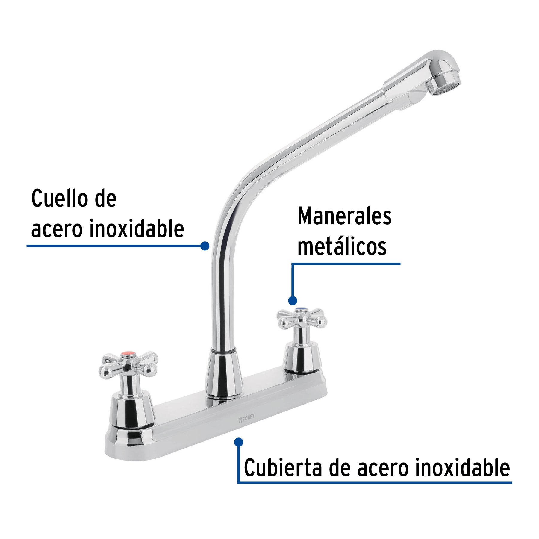 Mezcladora fregadero 8" cromo, cuello cobra, cruceta, AQUA