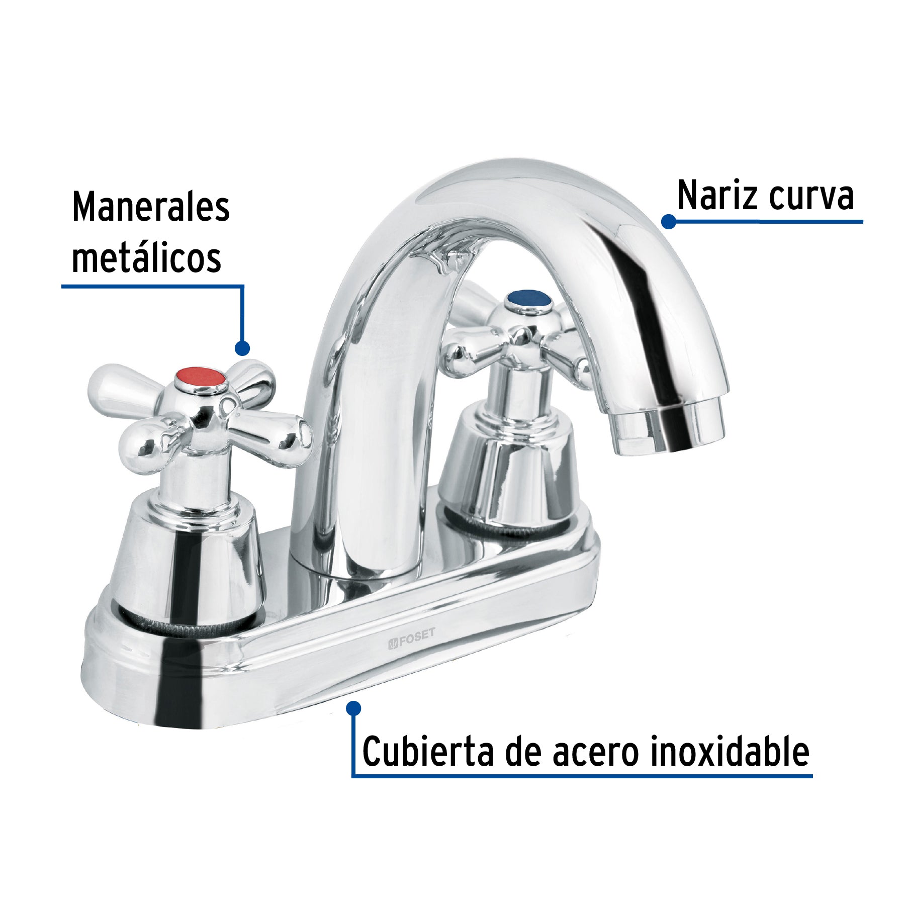 Mezcladora lavabo 4" cromo, nariz curva, cruceta, AQUA