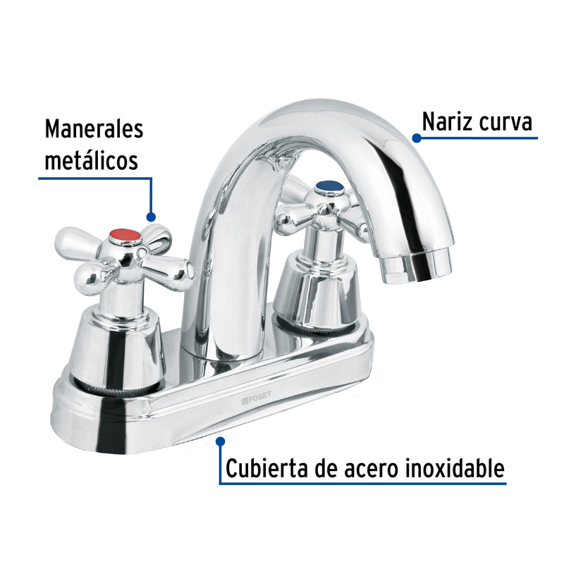 Mezcladora cromo 4" para lavabo,  nariz curva,  cruceta,  Aqua