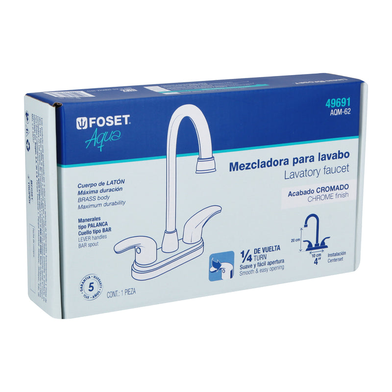 Mezcladora cromo 4" para lavabo,  cuello bar,  palanca,  Aqua