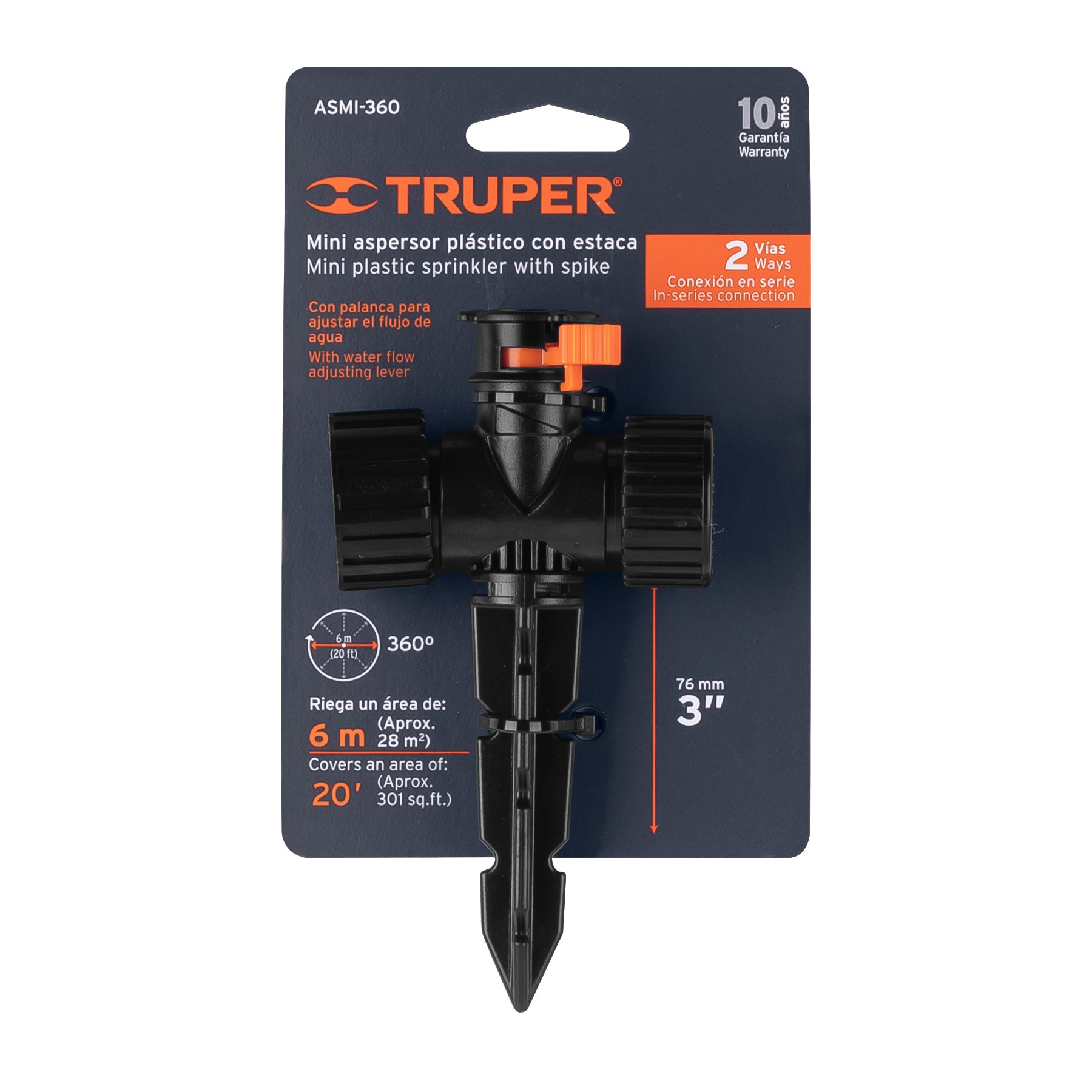 Mini aspersor plástico, dos vias, irrigacion 360∞, Truper