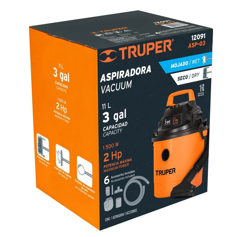 Aspiradora de sólidos y líquidos de 3 gal,  plástica,  Truper