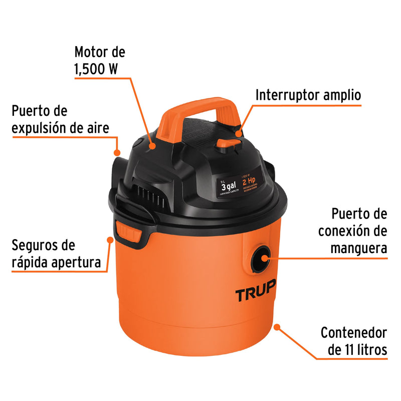 Aspiradora de sólidos y líquidos de 3 gal,  plástica,  Truper