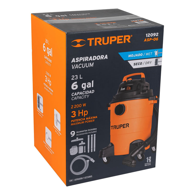 Aspiradora de sólidos y líquidos de 6 gal,  plástica,  Truper