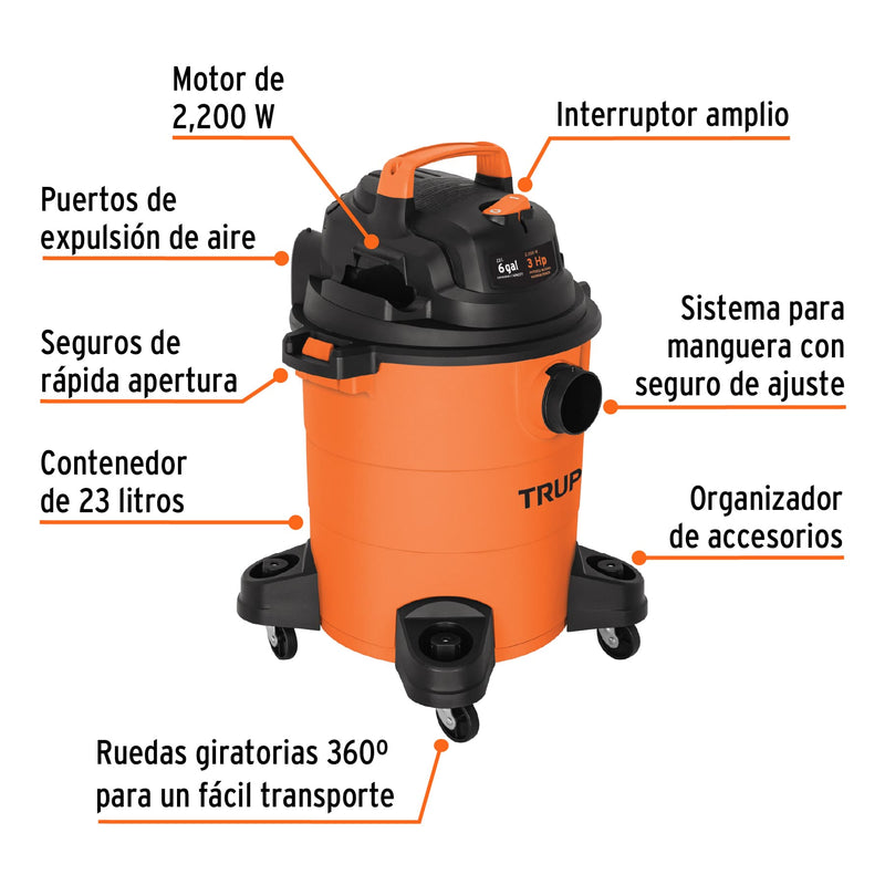 Aspiradora de sólidos y líquidos de 6 gal,  plástica,  Truper