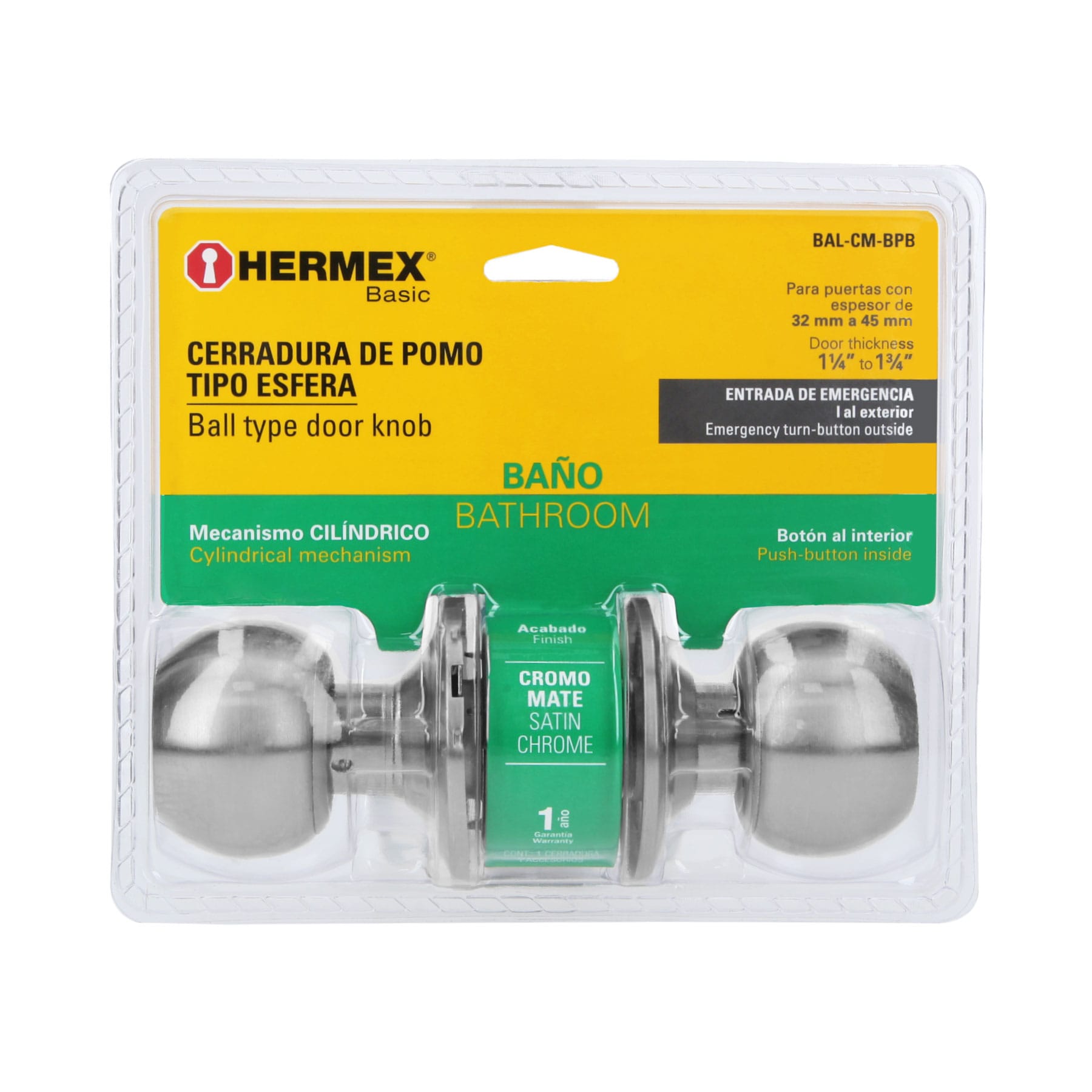 Cerradura esfera cilíndrico, baño, cromo, blíster, BASIC
