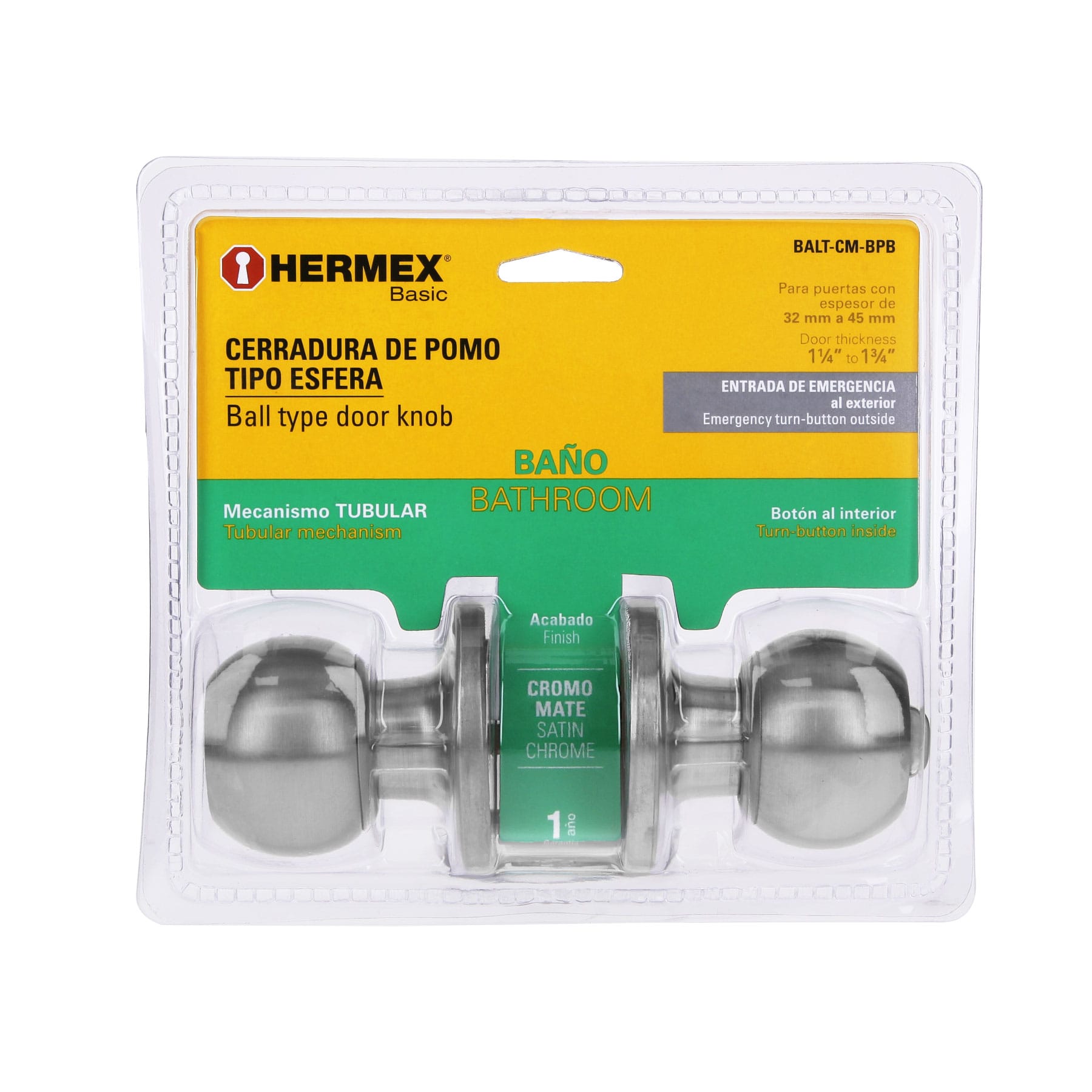 Cerradura esfera tubular, baño, cromo, blíster, Hermex BASIC