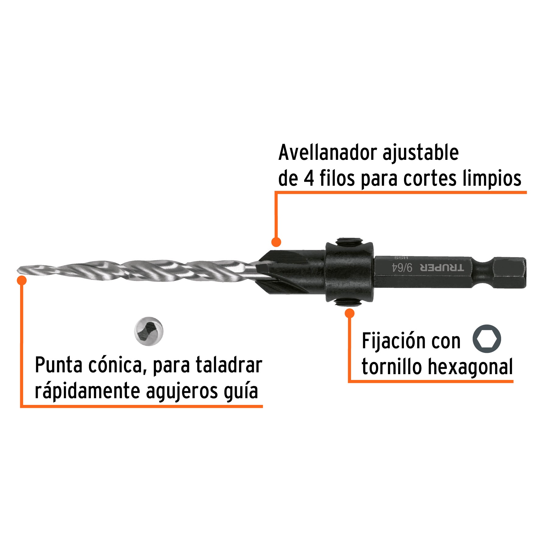 Broca avellanadora #10 para madera, 3/16", Truper