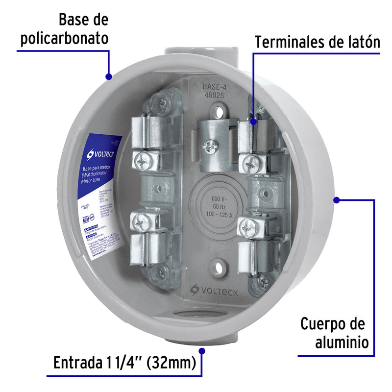 Base para watthorímetro,  4 terminales,  Volteck