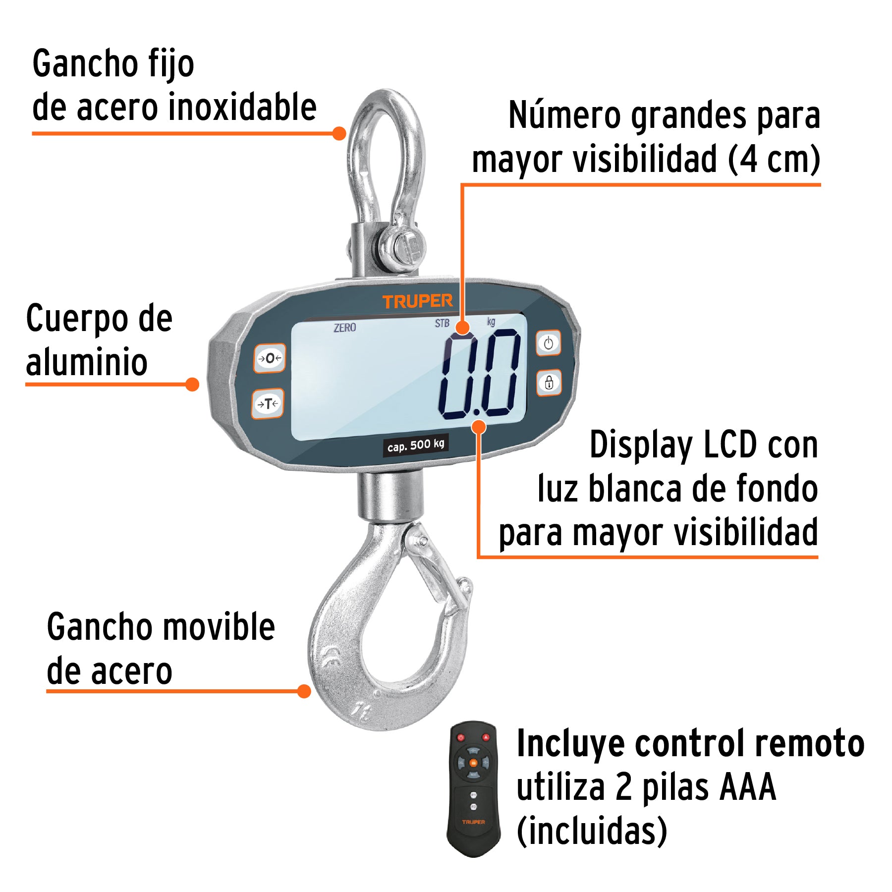 Báscula electrónica colgante, recargable, 500 kg, Truper