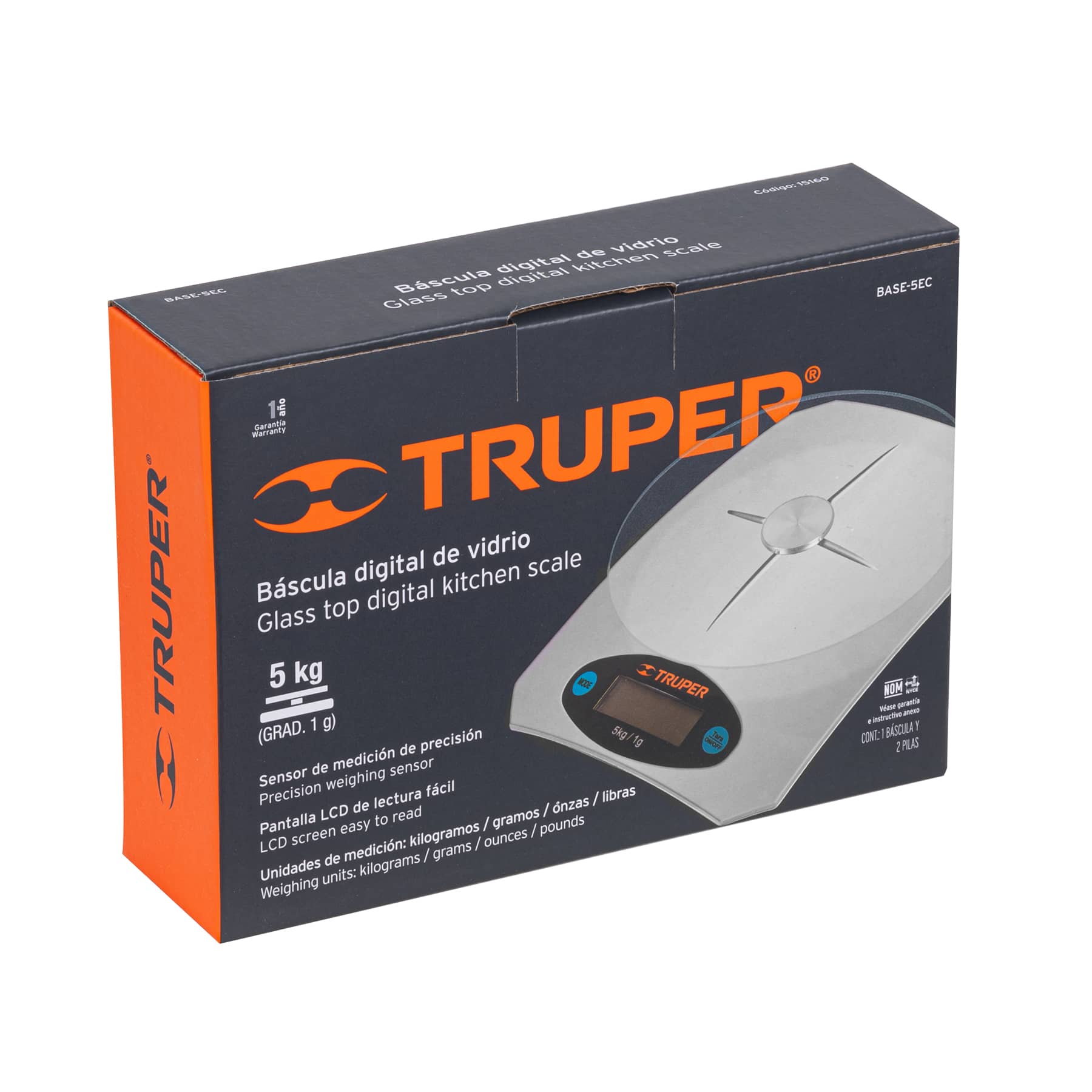 Báscula digital para cocina, plato de vidrio, 5 kg, Truper