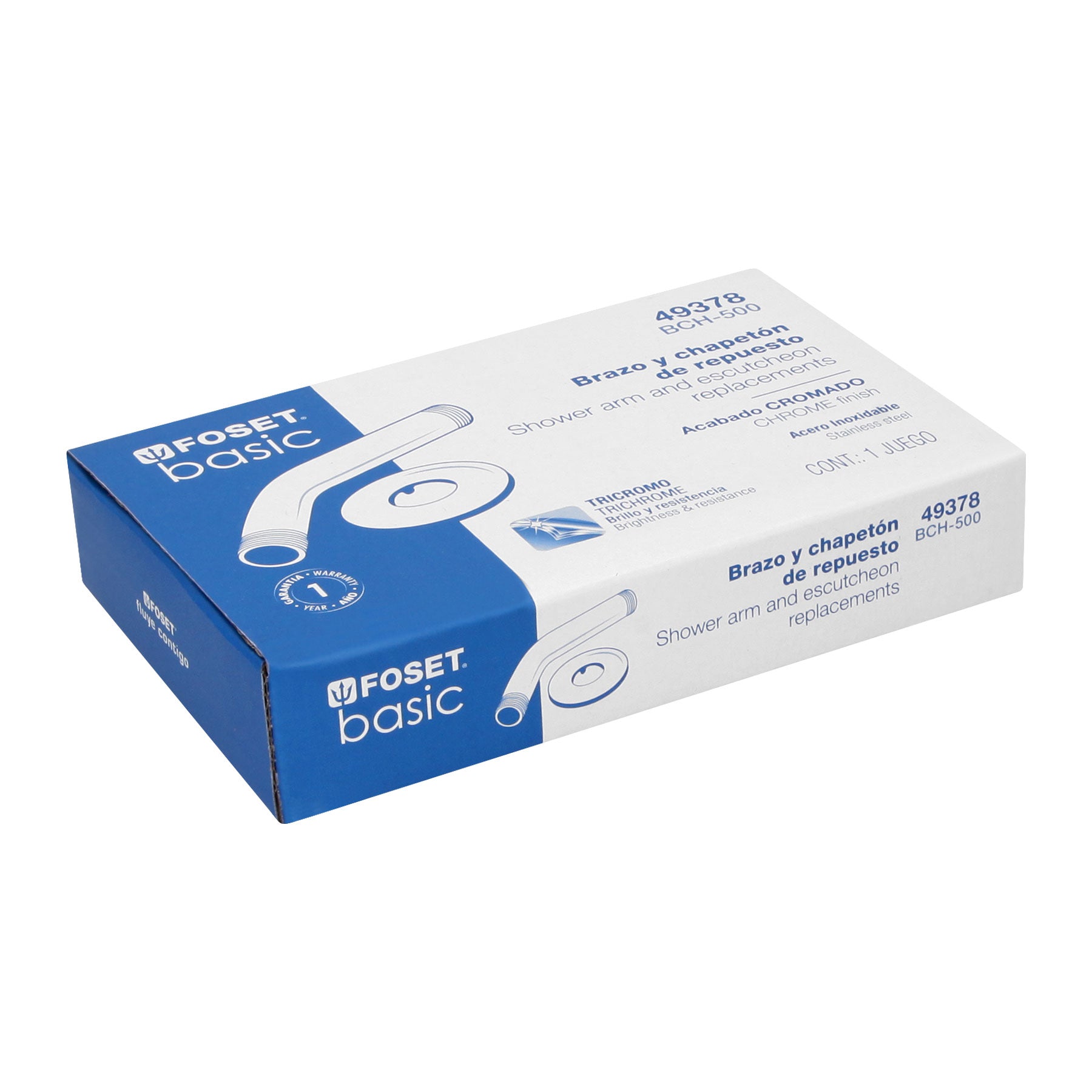 Brazo de acero cromado y chapetón de acero inox para regadera
