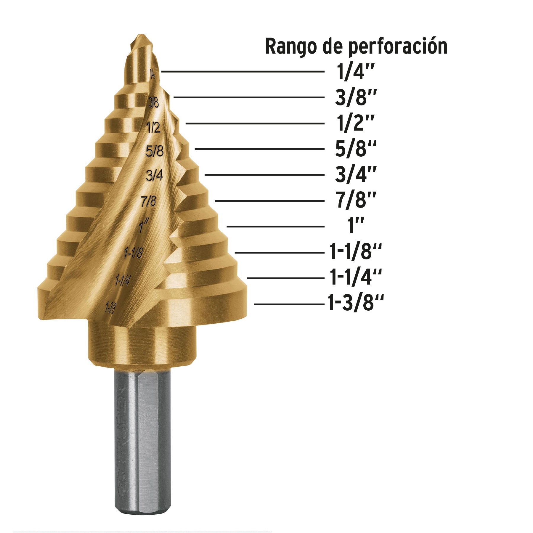 Broca escalonada titanio 10 escalones 1/4" a 1-3/8", Expert