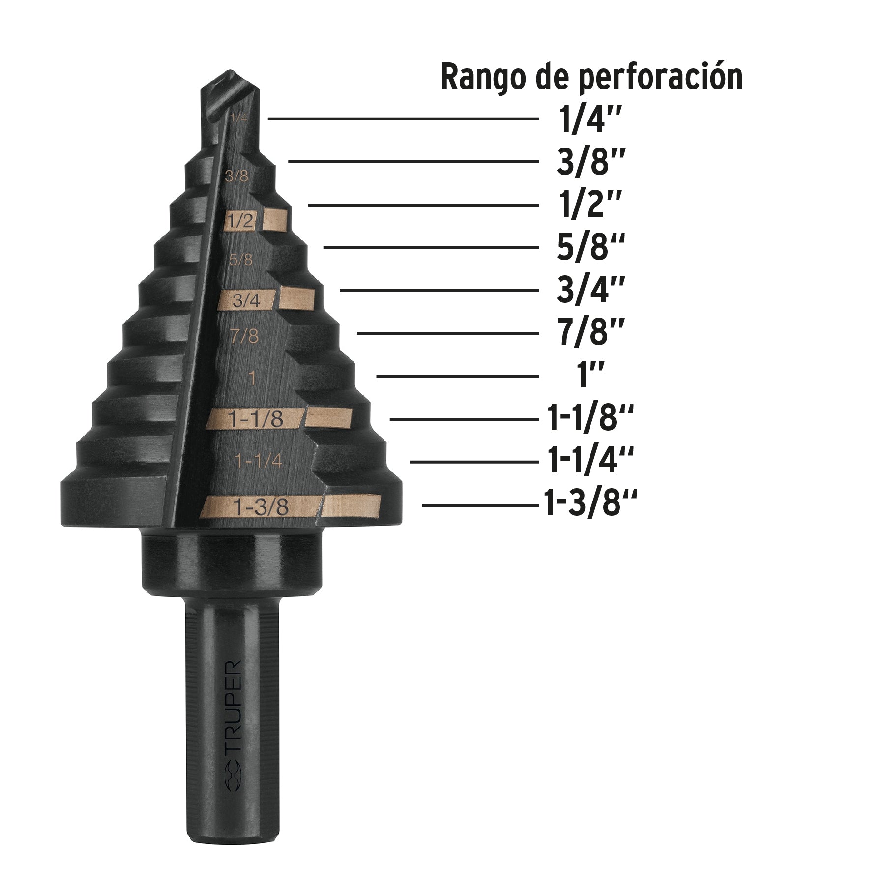 Broca escalonada óxido negro 10escalones 1/4 a 1-3/8",Truper