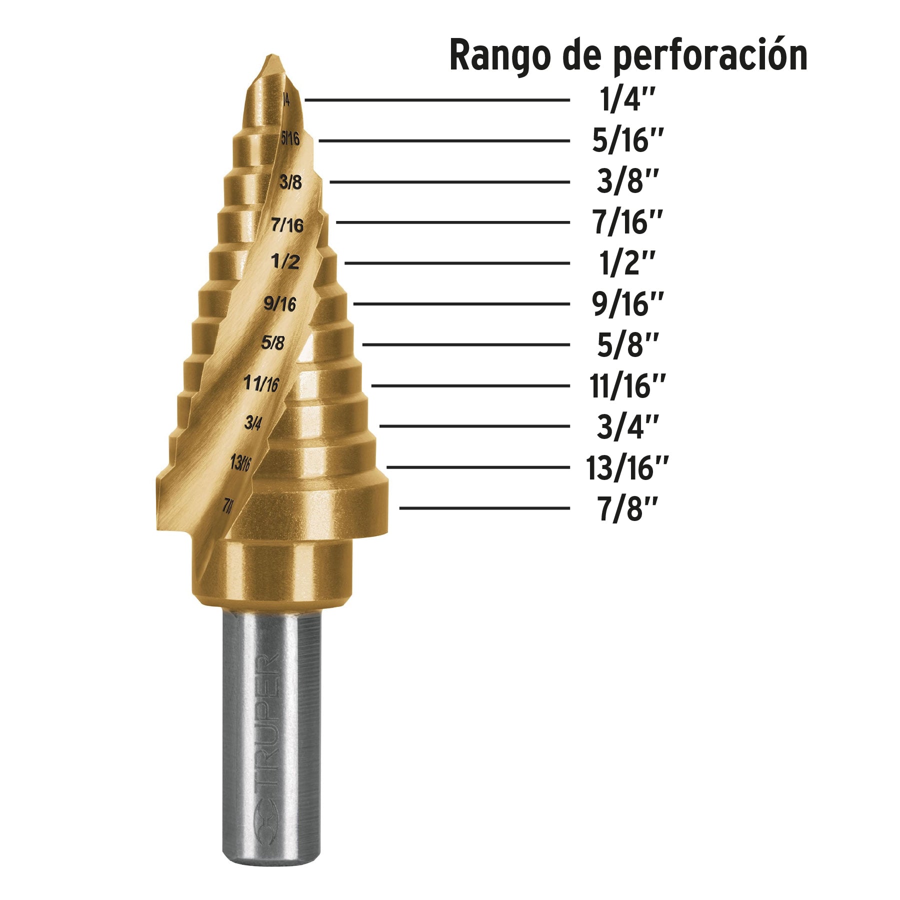 Broca escalonada titanio 11 escalones 1/4" a 7/8", Expert