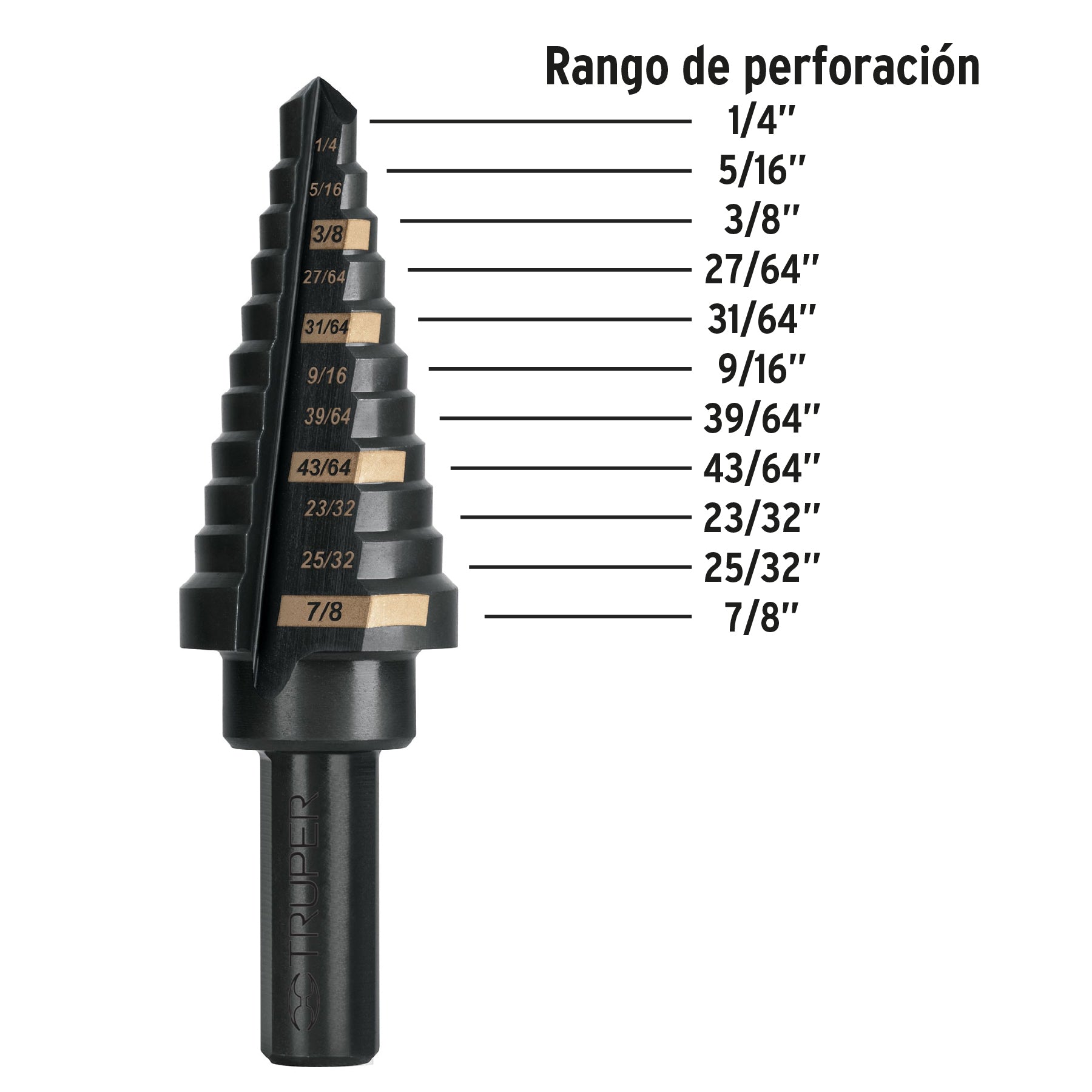 Broca escalonada óxido negro 11 escalones 1/4" a 7/8",Truper