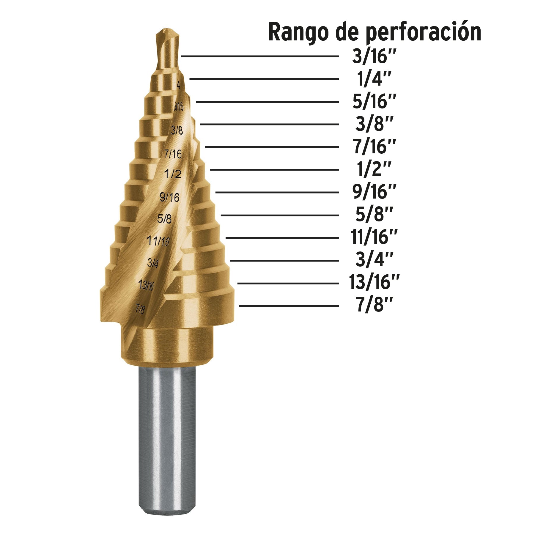 Broca escalonada titanio 12 escalones 3/16" a 7/8", Expert