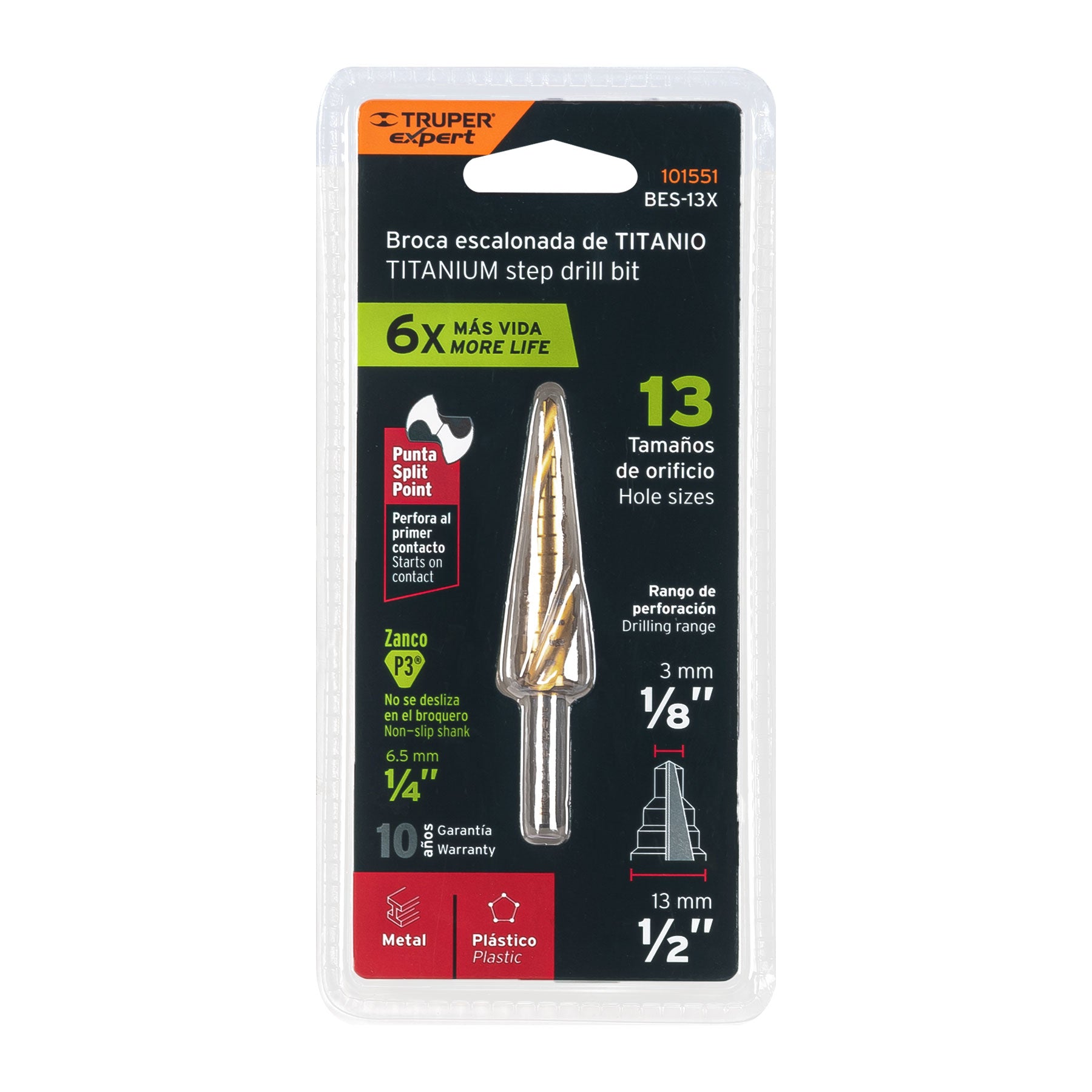 Broca escalonada titanio 13 escalones 1/8" a 1/2", Expert