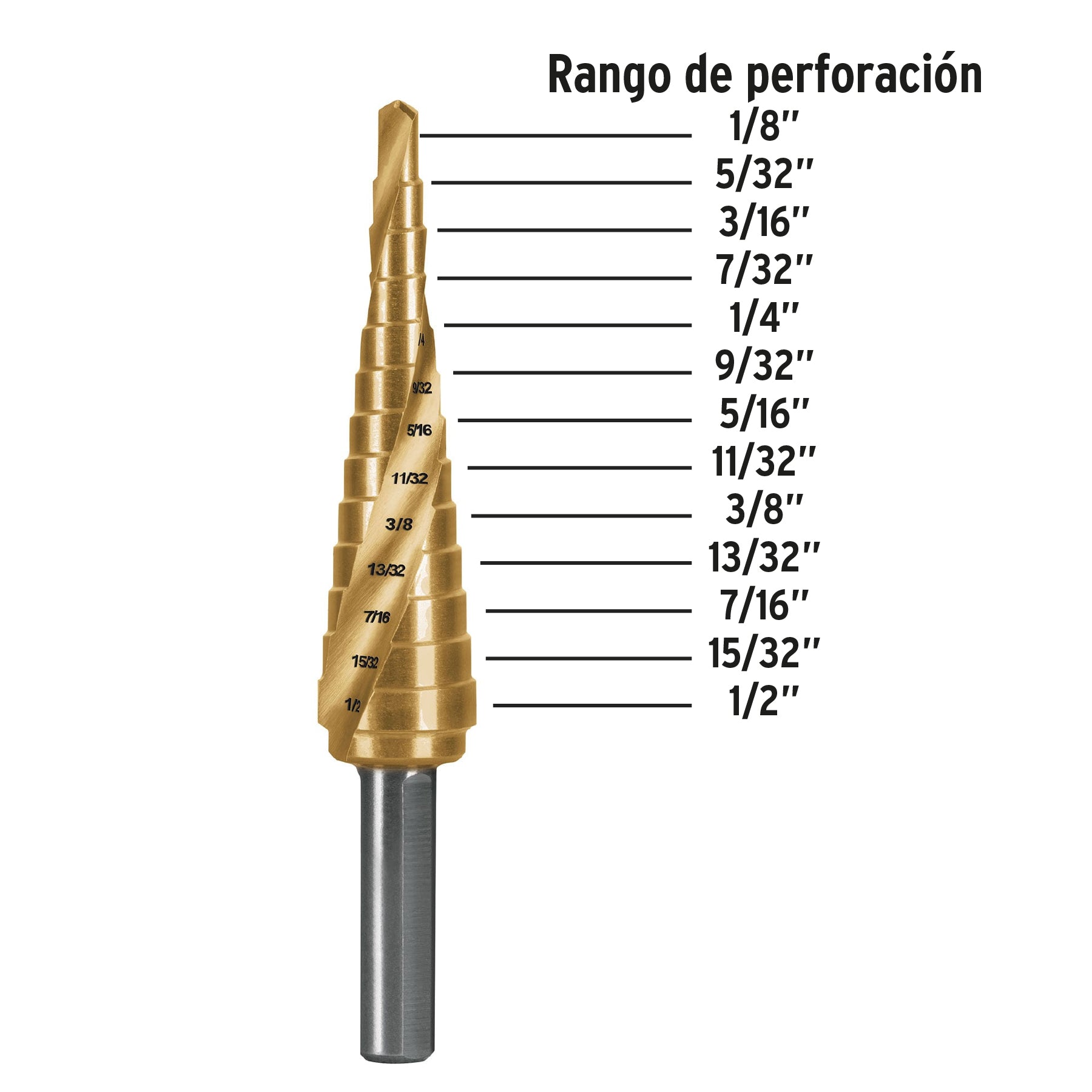 Broca escalonada titanio 13 escalones 1/8" a 1/2", Expert