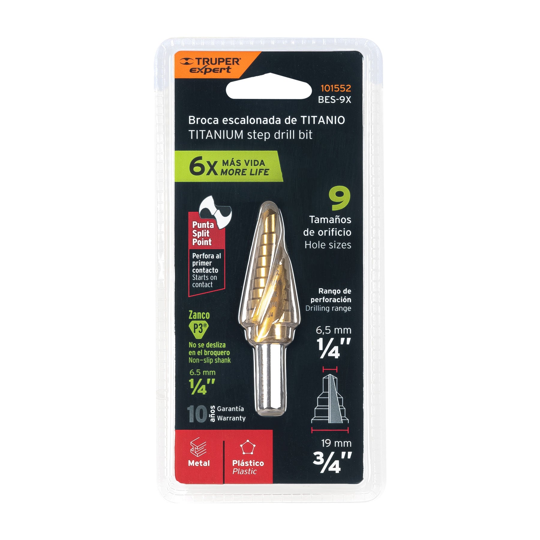 Broca escalonada titanio 9 escalones 1/4" a 3/4", Expert