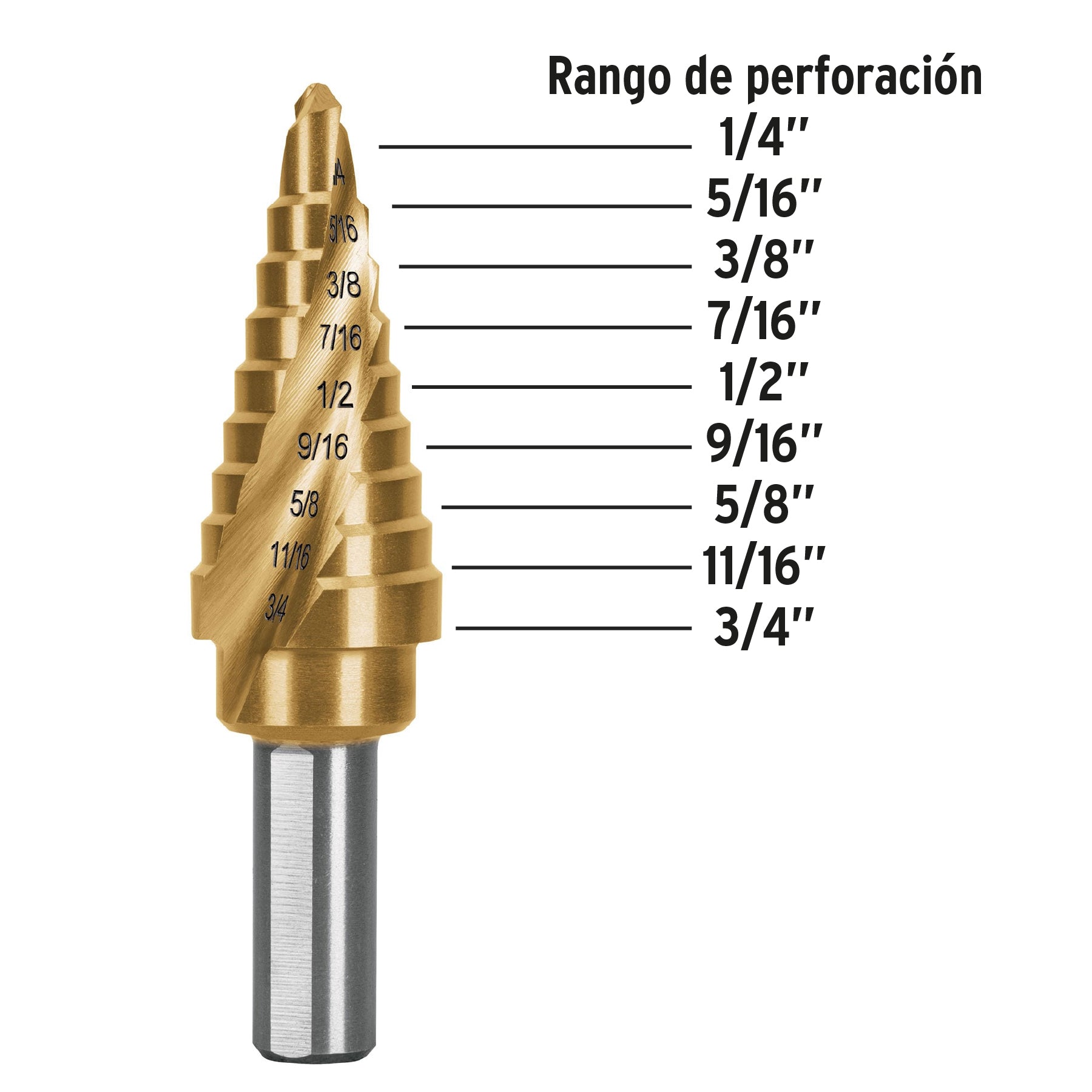 Broca escalonada titanio 9 escalones 1/4" a 3/4", Expert