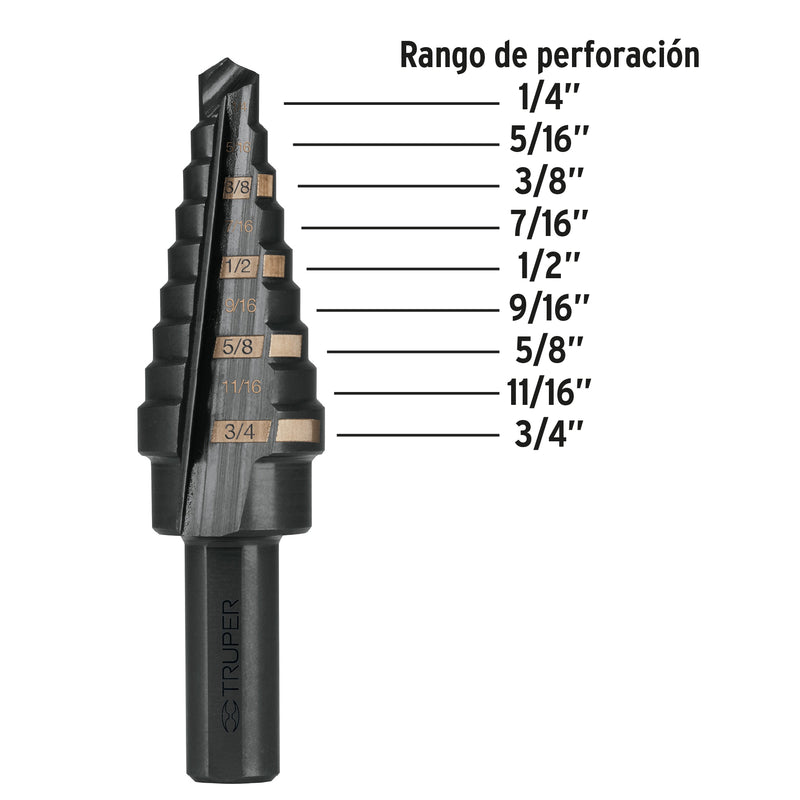 Broca escalonada óxido negro 9 escalones 1/4" a 3/4",  Truper