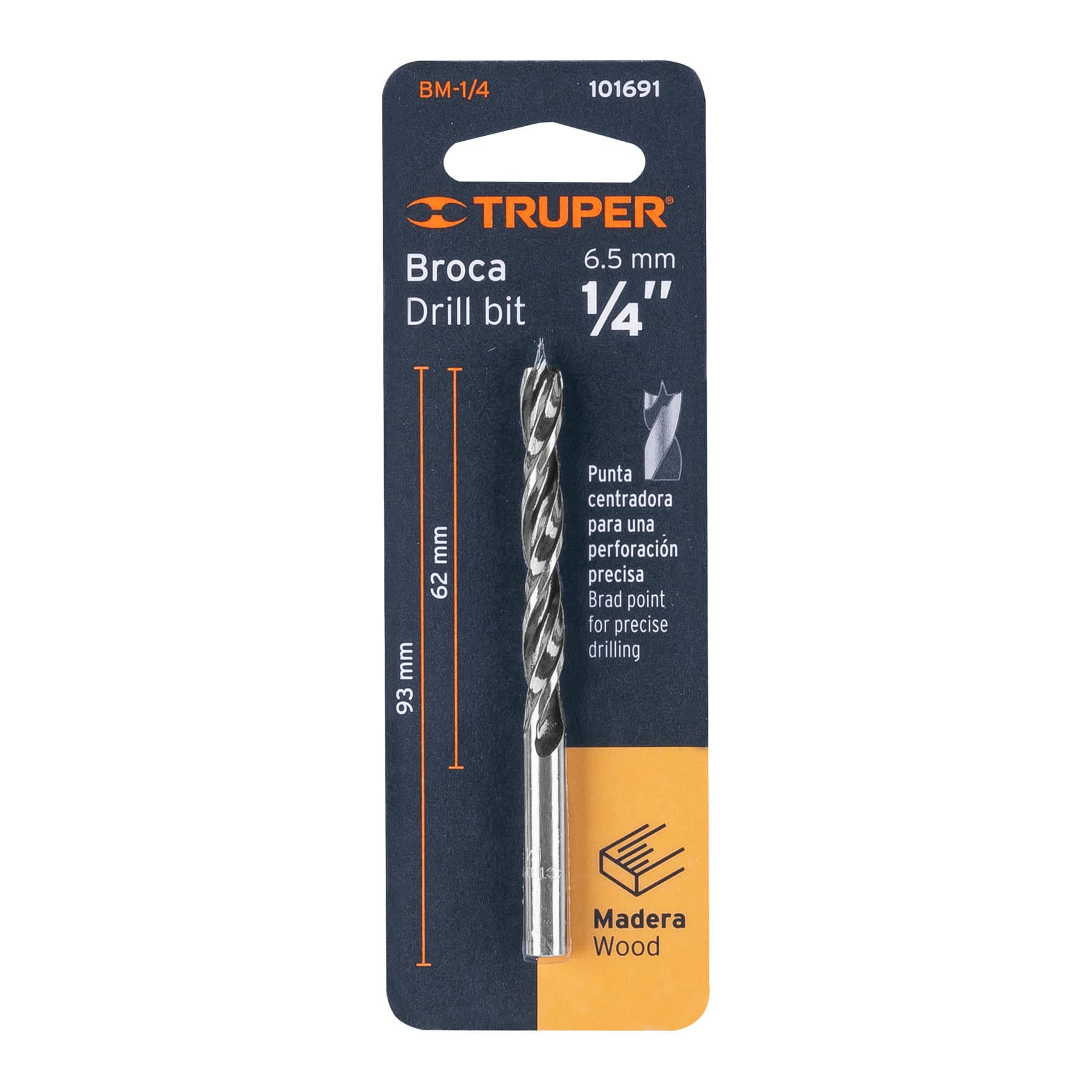 Broca con punta centradora para madera 1/4", Truper