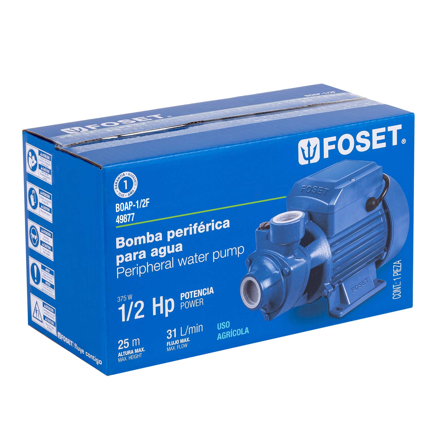 Bomba periférica 1/2HP, altura máx 25m, uso agrícola, Foset
