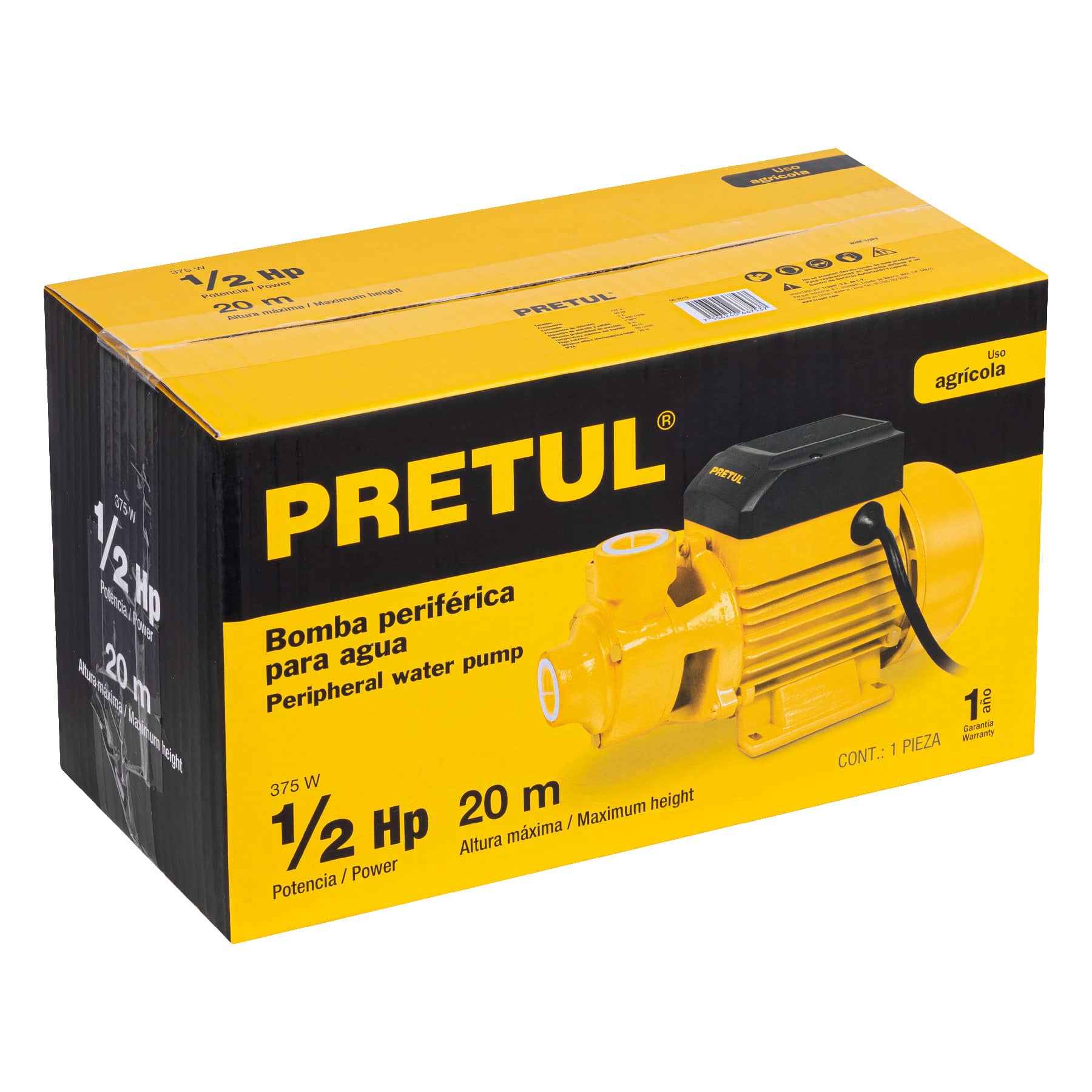 Bomba periférica 1/2HP, altura máx 20m, uso agrícola, Pretul