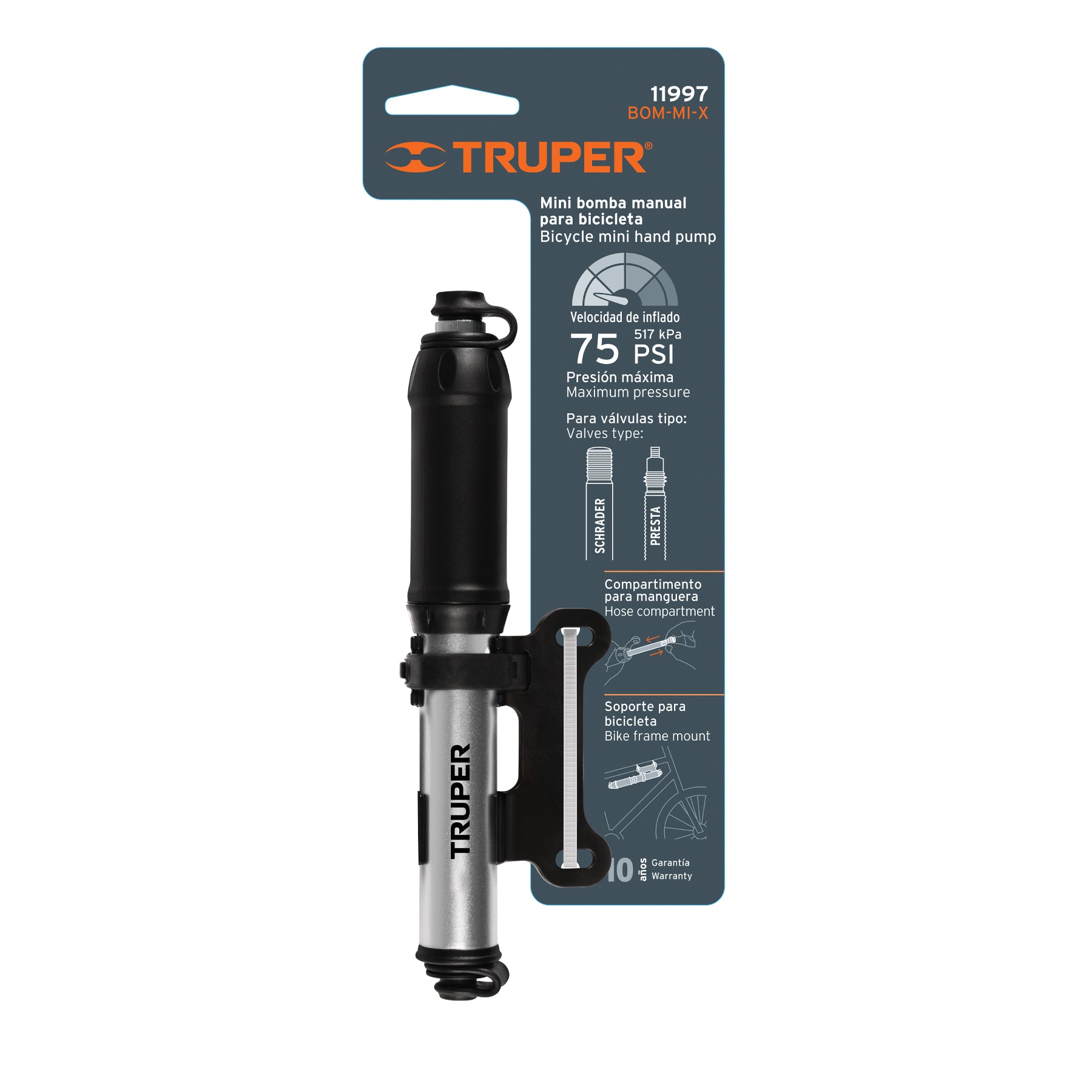Mini bomba manual para bicicleta, abatible, 75 PSI, Truper