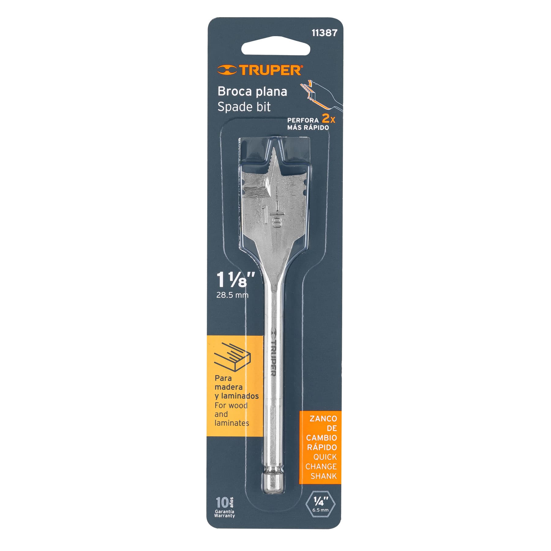 Broca plana de manita 1-1/8" para madera, Truper