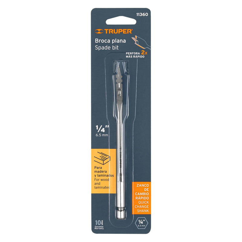 Broca plana de manita 1/4" para madera,  Truper