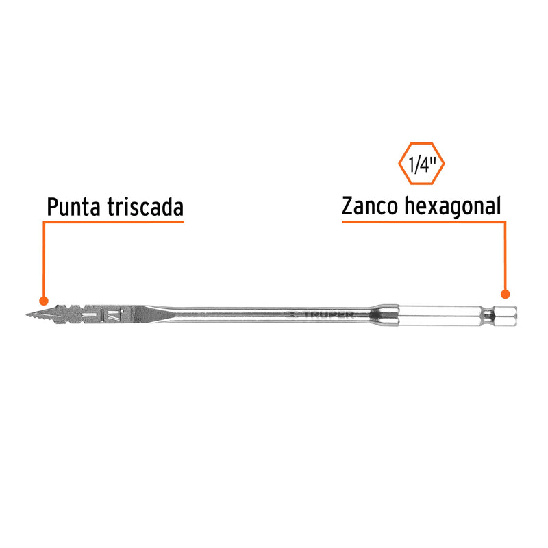 Broca plana de manita 1/4" para madera,  Truper