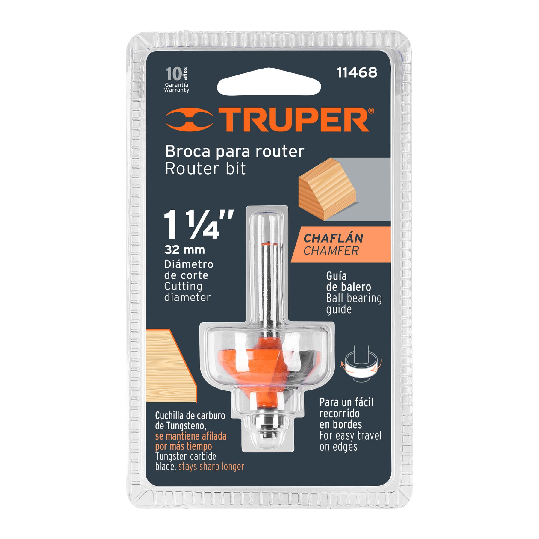 Broca para router, chaflán, 1-1/4" con balero, Truper