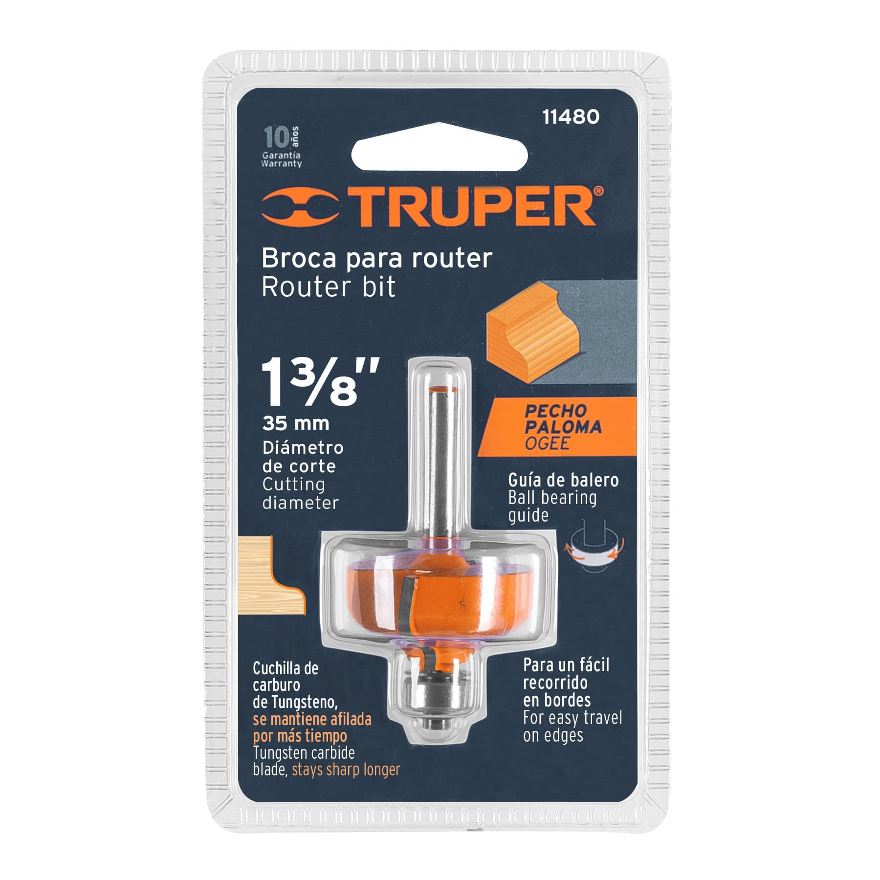 Broca para router, pecho paloma, 1-3/8" con balero, Truper