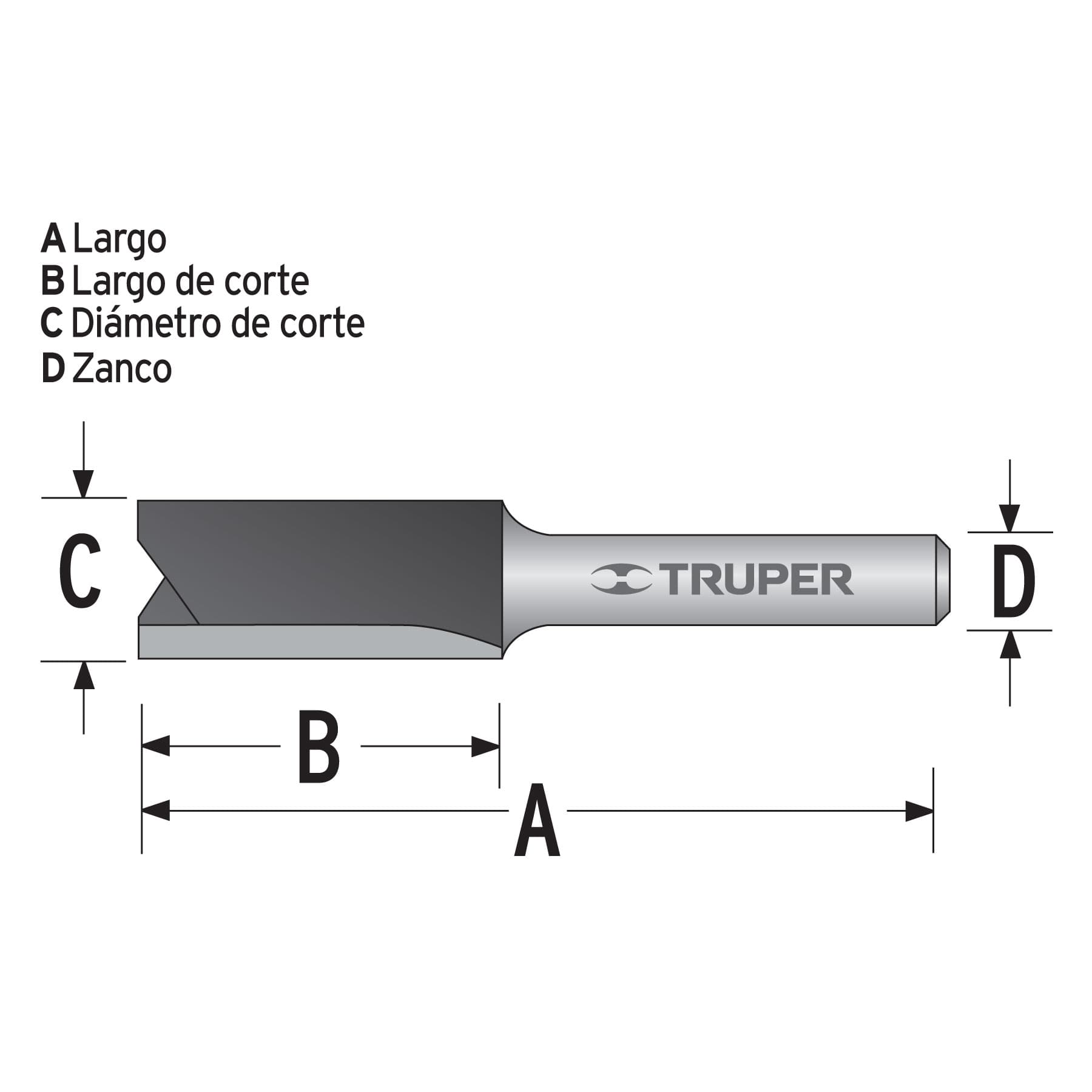 Broca para router, recta 2 filos, 1/4", larga, Truper