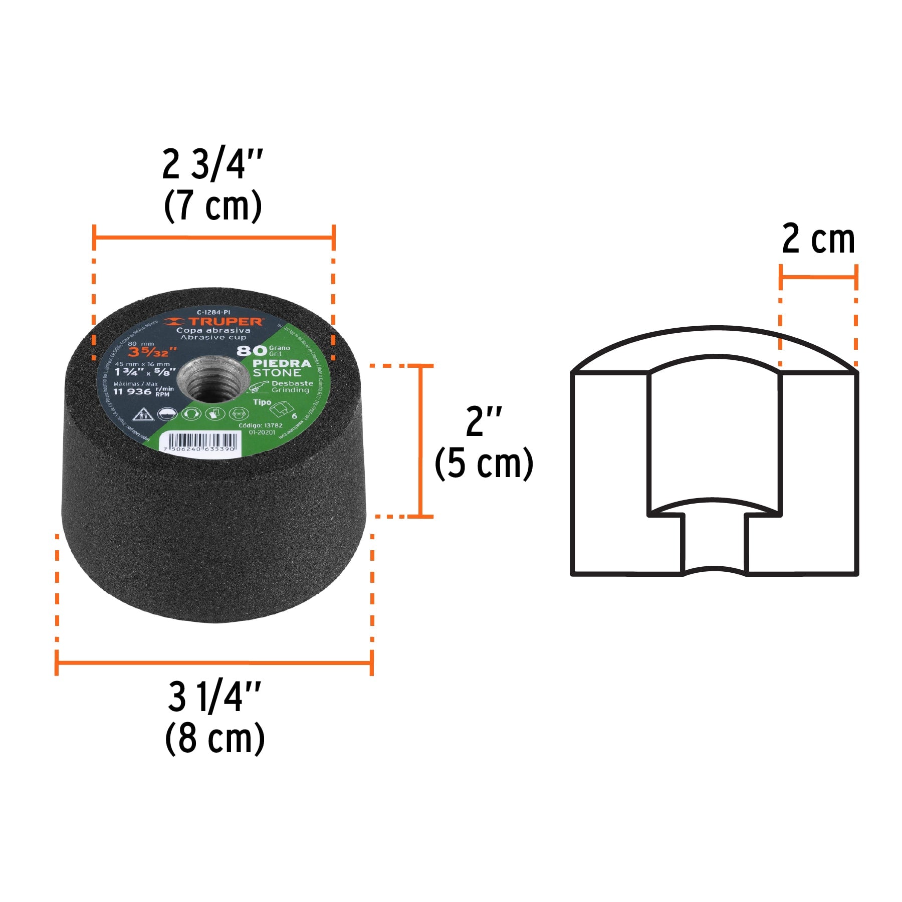 Copa desbaste de piedra 3-5/32" grano 80, eje 5/8-11, Truper