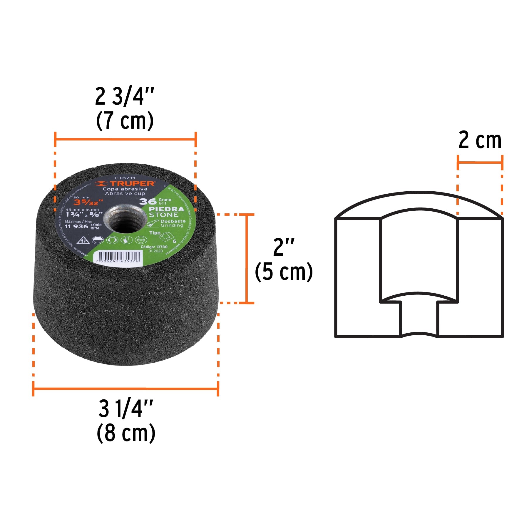 Copa desbaste de piedra 3-5/32" grano 36, eje 5/8-11, Truper