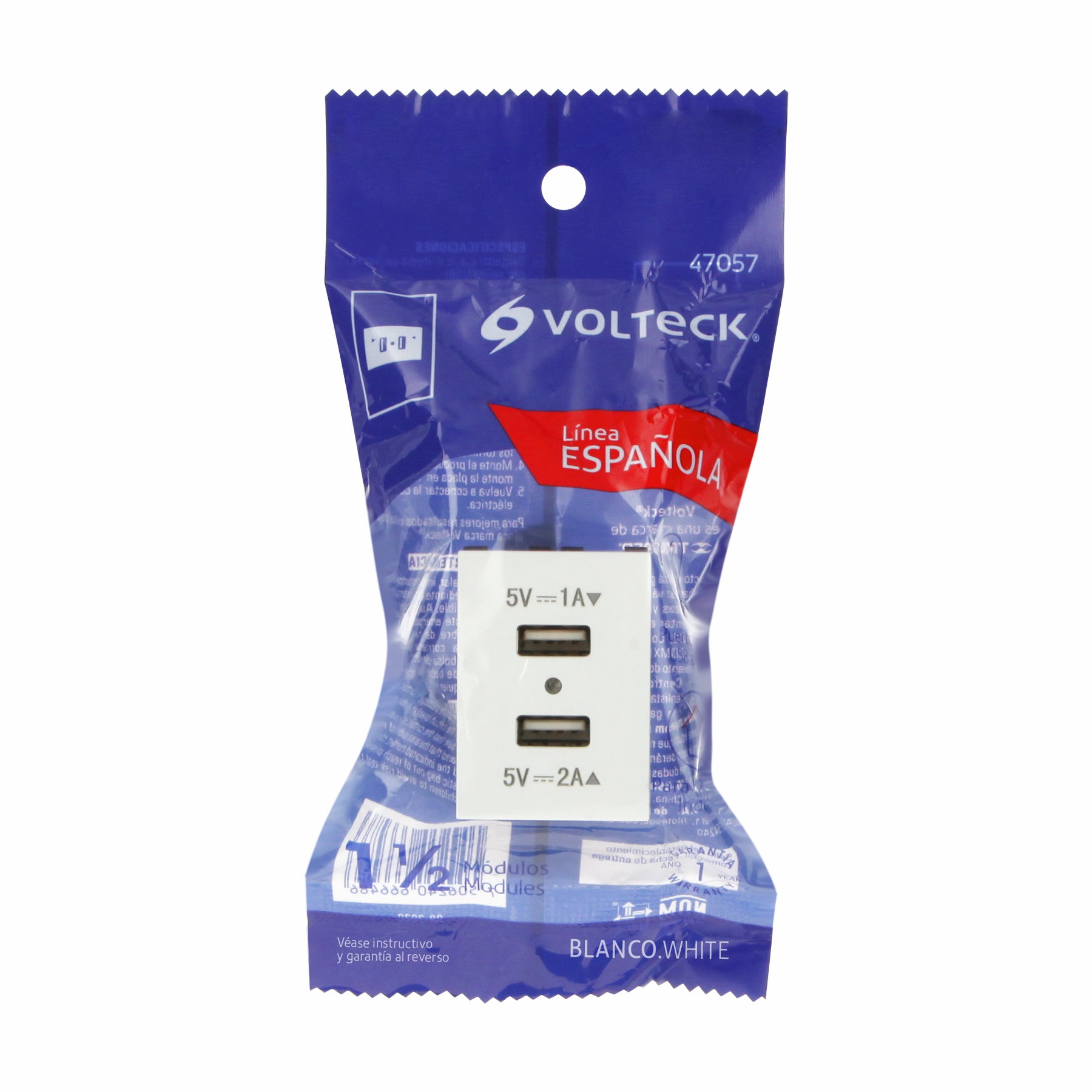 Toma con 2 puertos USB, 1.5 módeloulos, línea Española, blanco